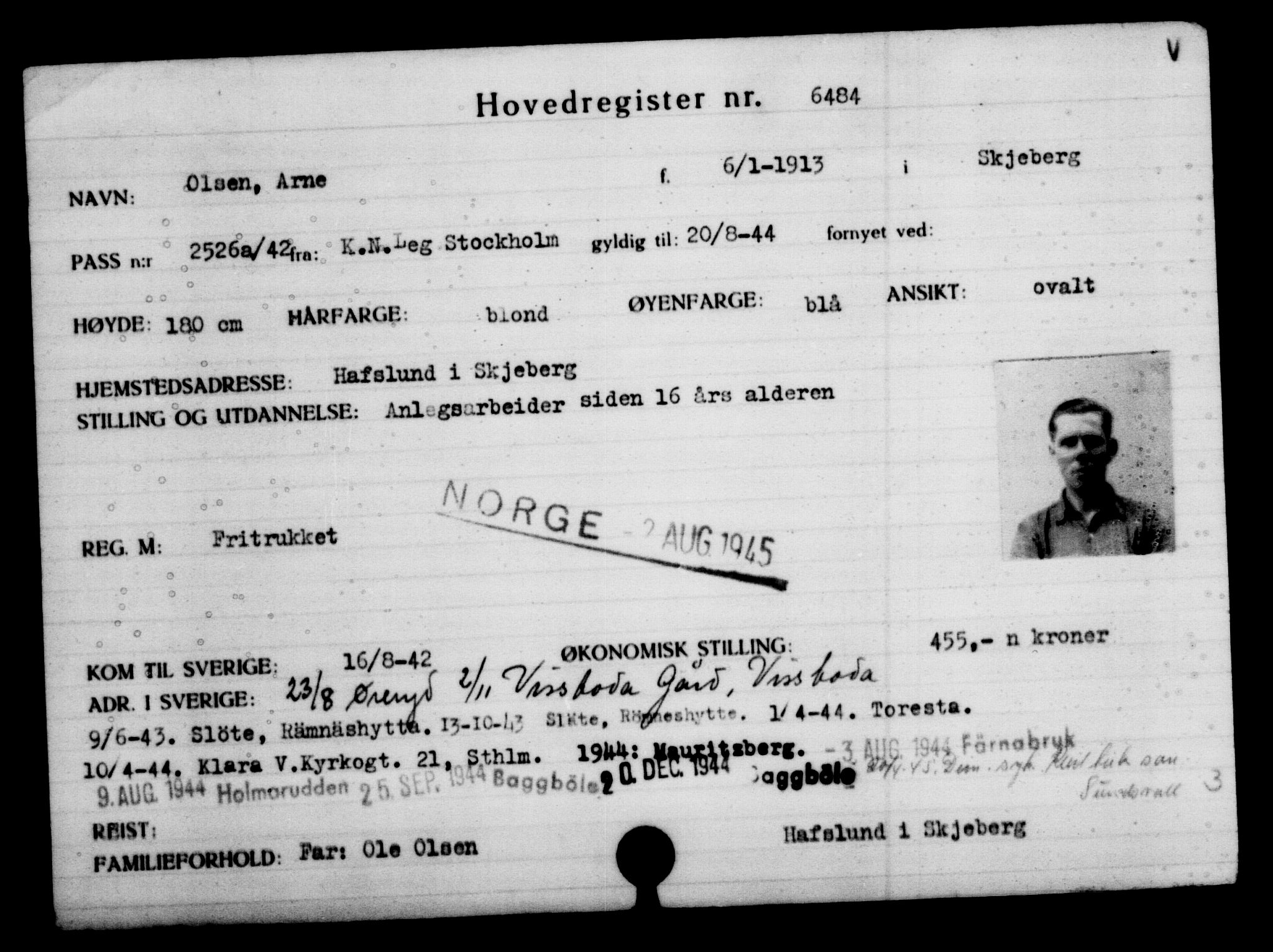 Utenriksstasjonene, Legasjonen i Stockholm, Flyktningkontoret, AV/RA-S-6753/V/Va/L0004: Kjesäterkartoteket, flyktninger med registreringsnr. 3496-6610, 1940-1945, p. 3537