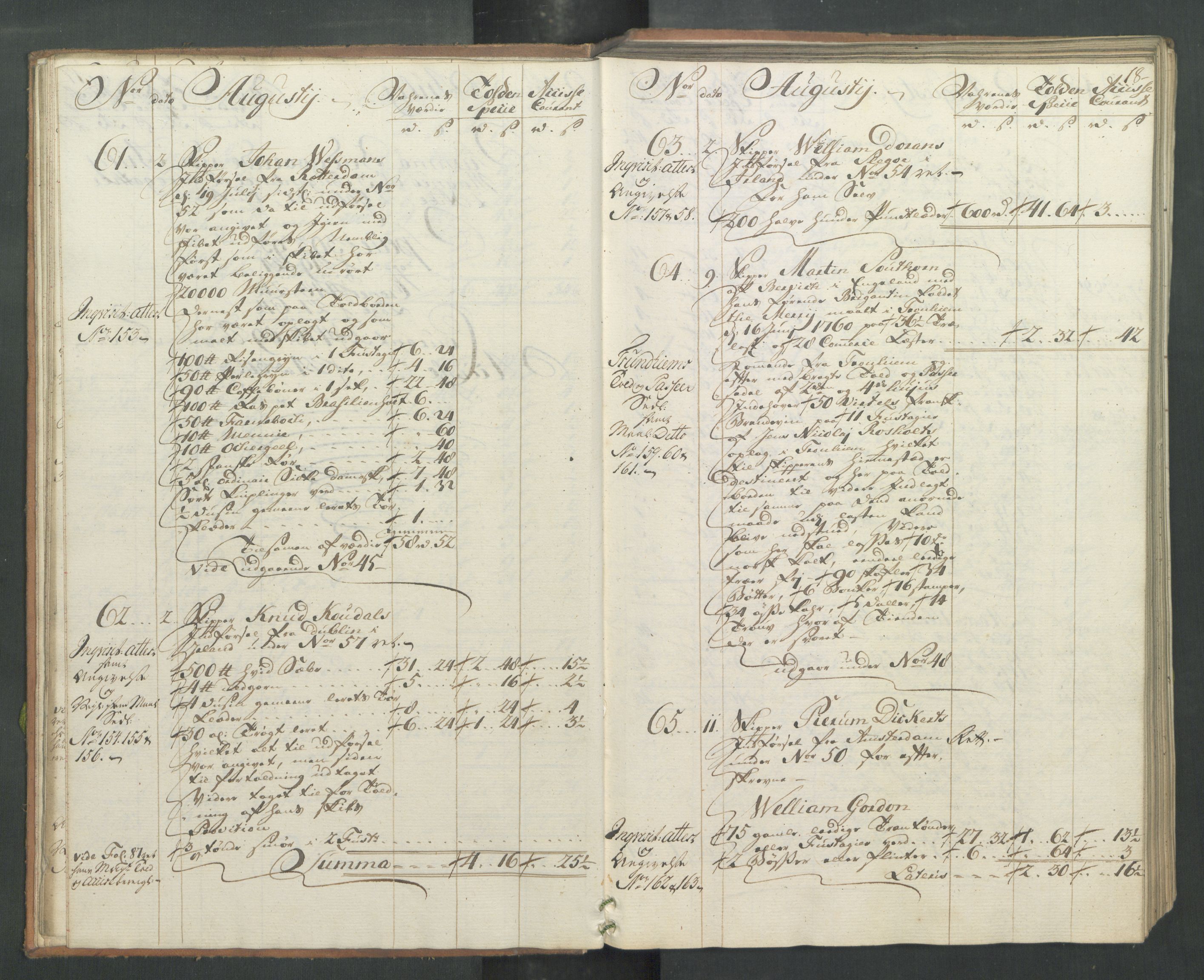 Generaltollkammeret, tollregnskaper, AV/RA-EA-5490/R32/L0019/0001: Tollregnskaper Kristiansund / Hovedtollbok, 1762, p. 17b-18a