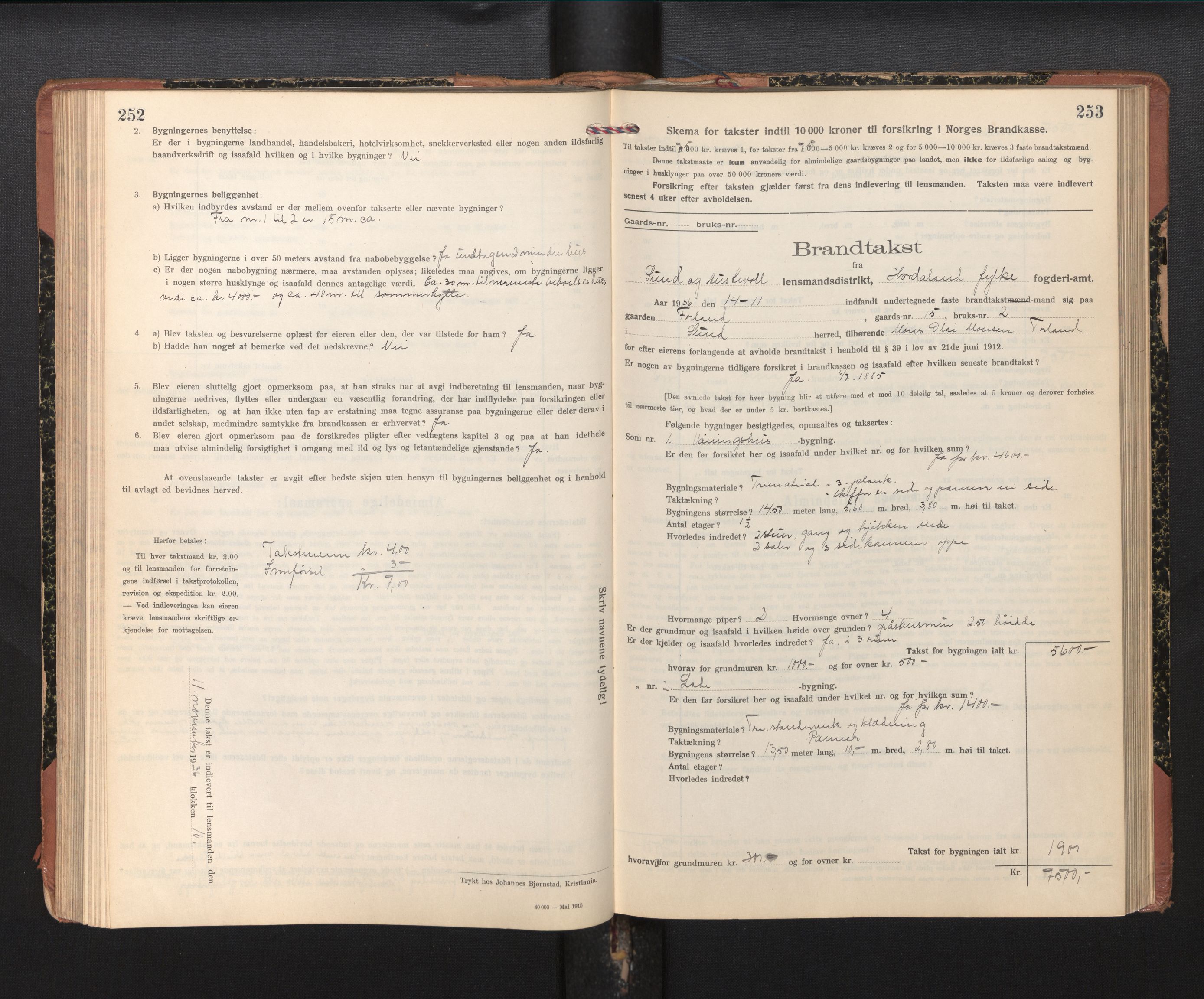 Lensmannen i Sund og Austevoll, AV/SAB-A-35201/0012/L0004: Branntakstprotokoll, skjematakst, 1917-1949, p. 252-253