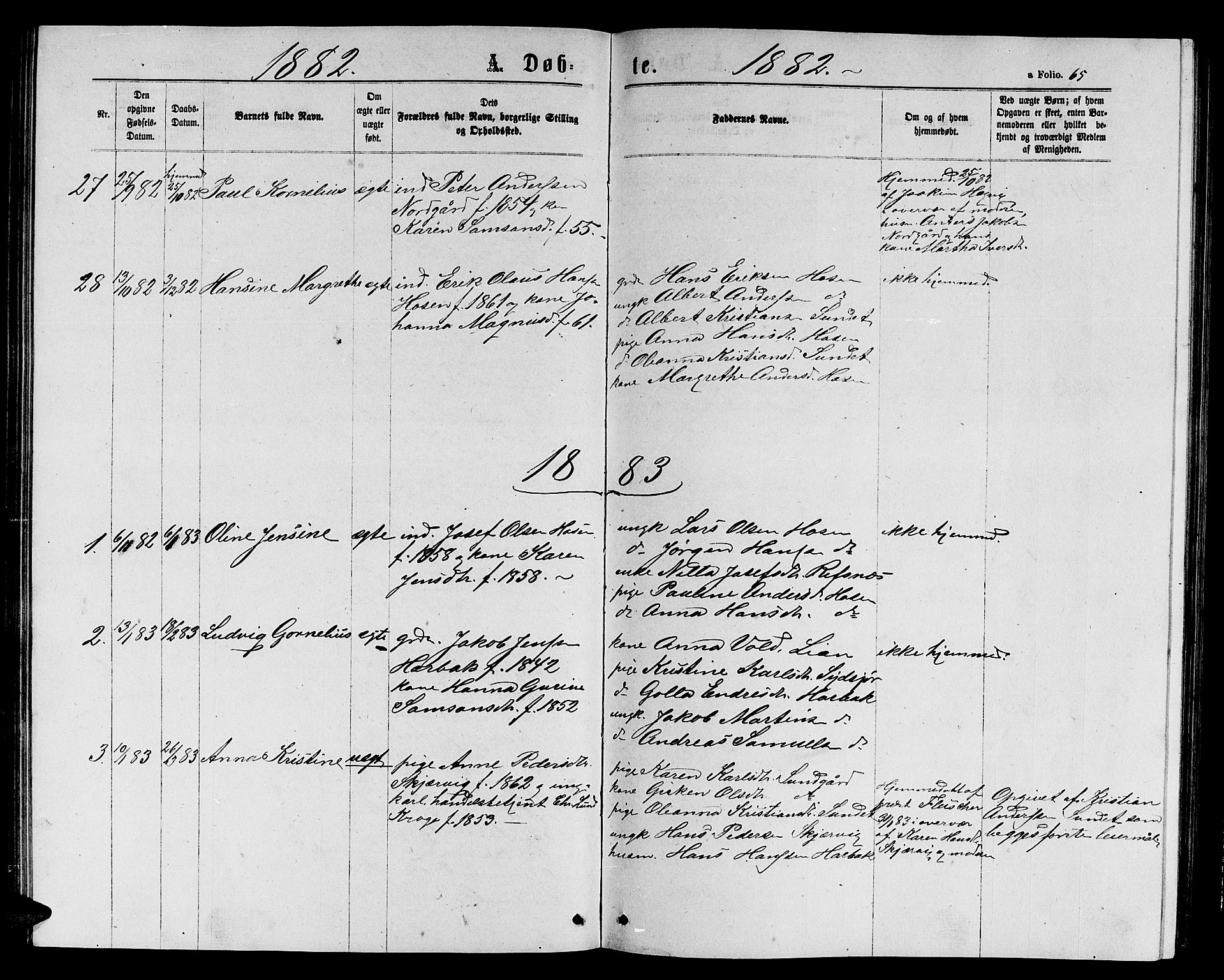 Ministerialprotokoller, klokkerbøker og fødselsregistre - Sør-Trøndelag, SAT/A-1456/656/L0695: Parish register (copy) no. 656C01, 1867-1889, p. 65