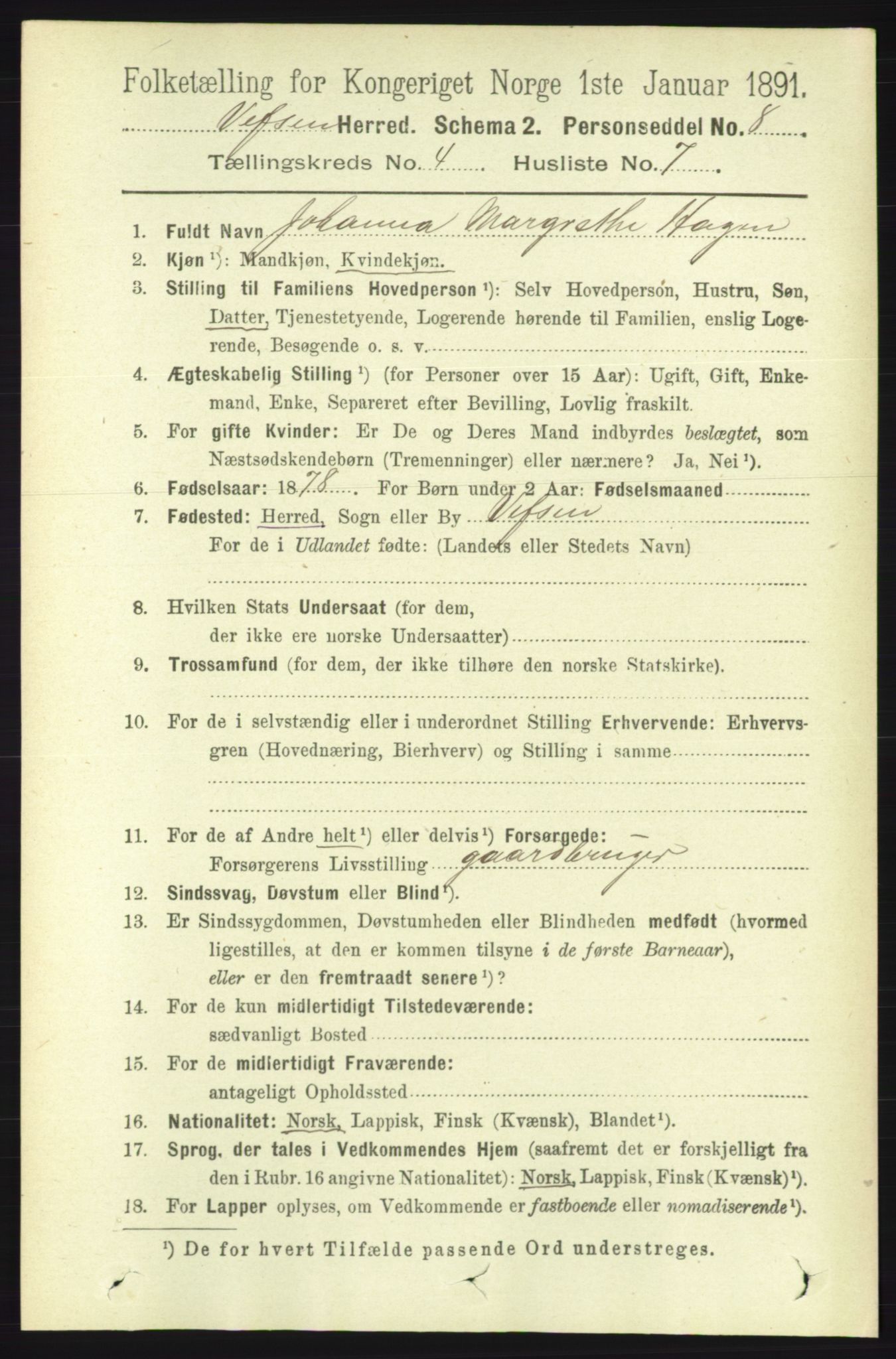 RA, 1891 census for 1824 Vefsn, 1891, p. 1674