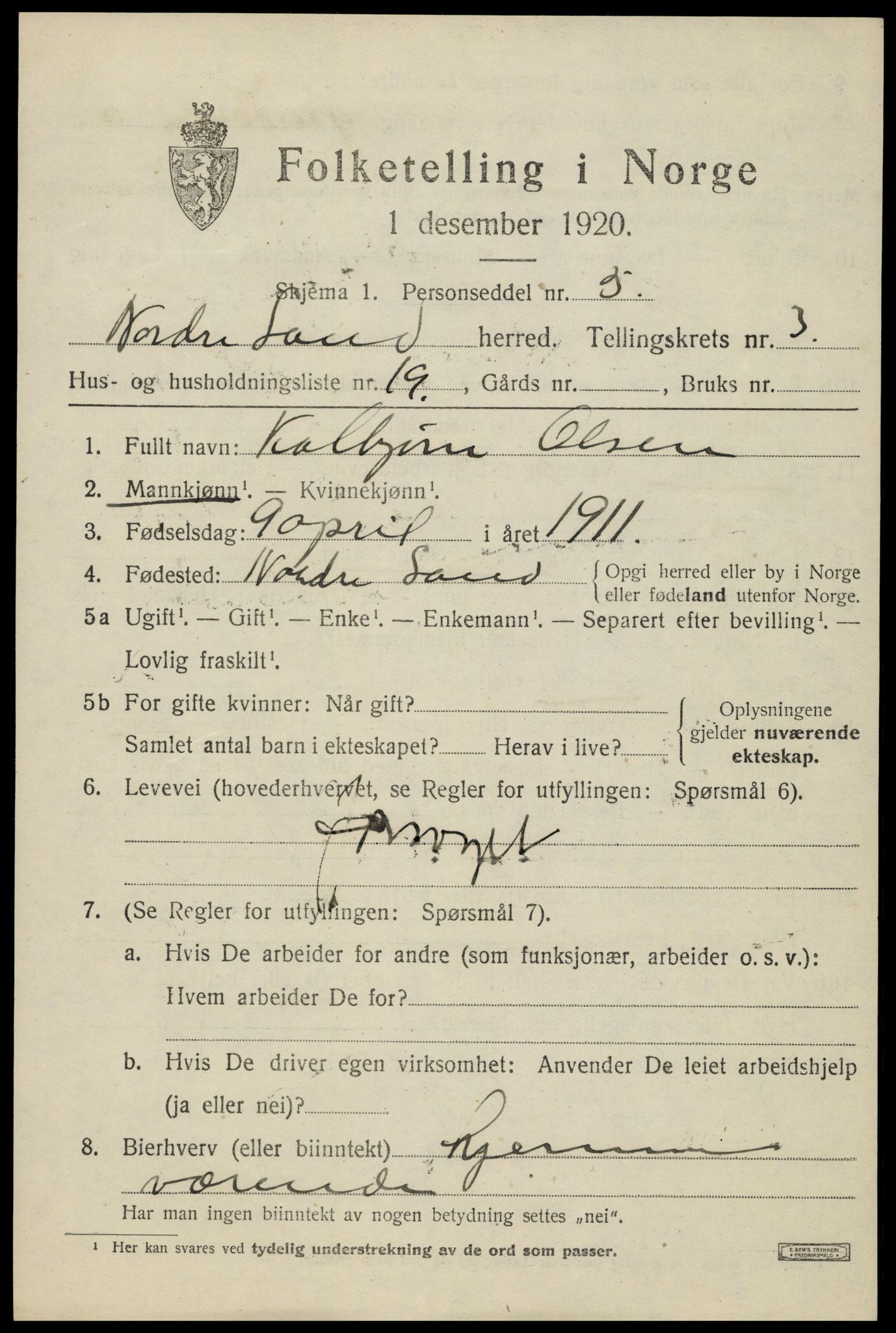 SAH, 1920 census for Nordre Land, 1920, p. 2439