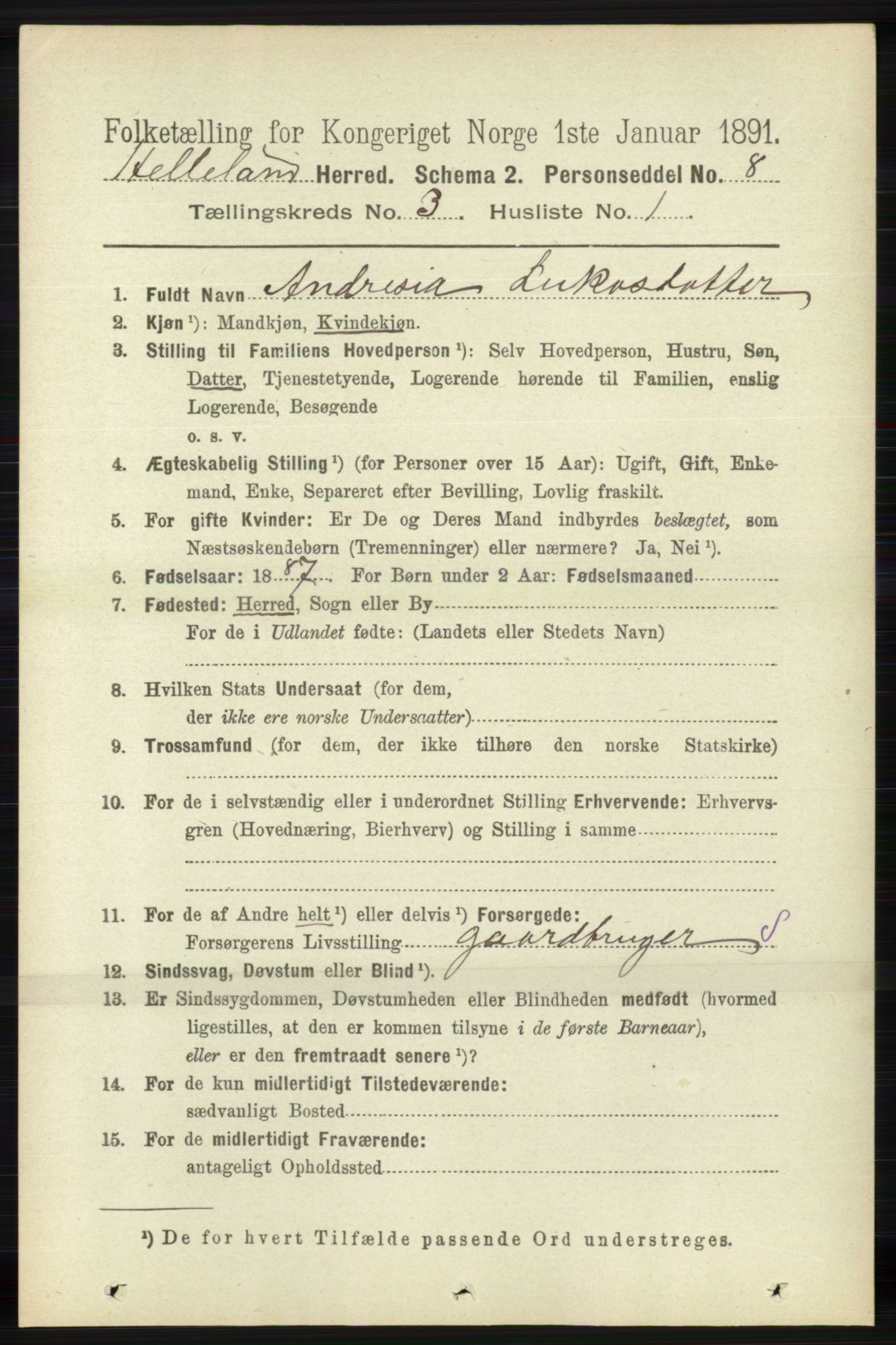 RA, 1891 census for 1115 Helleland, 1891, p. 846