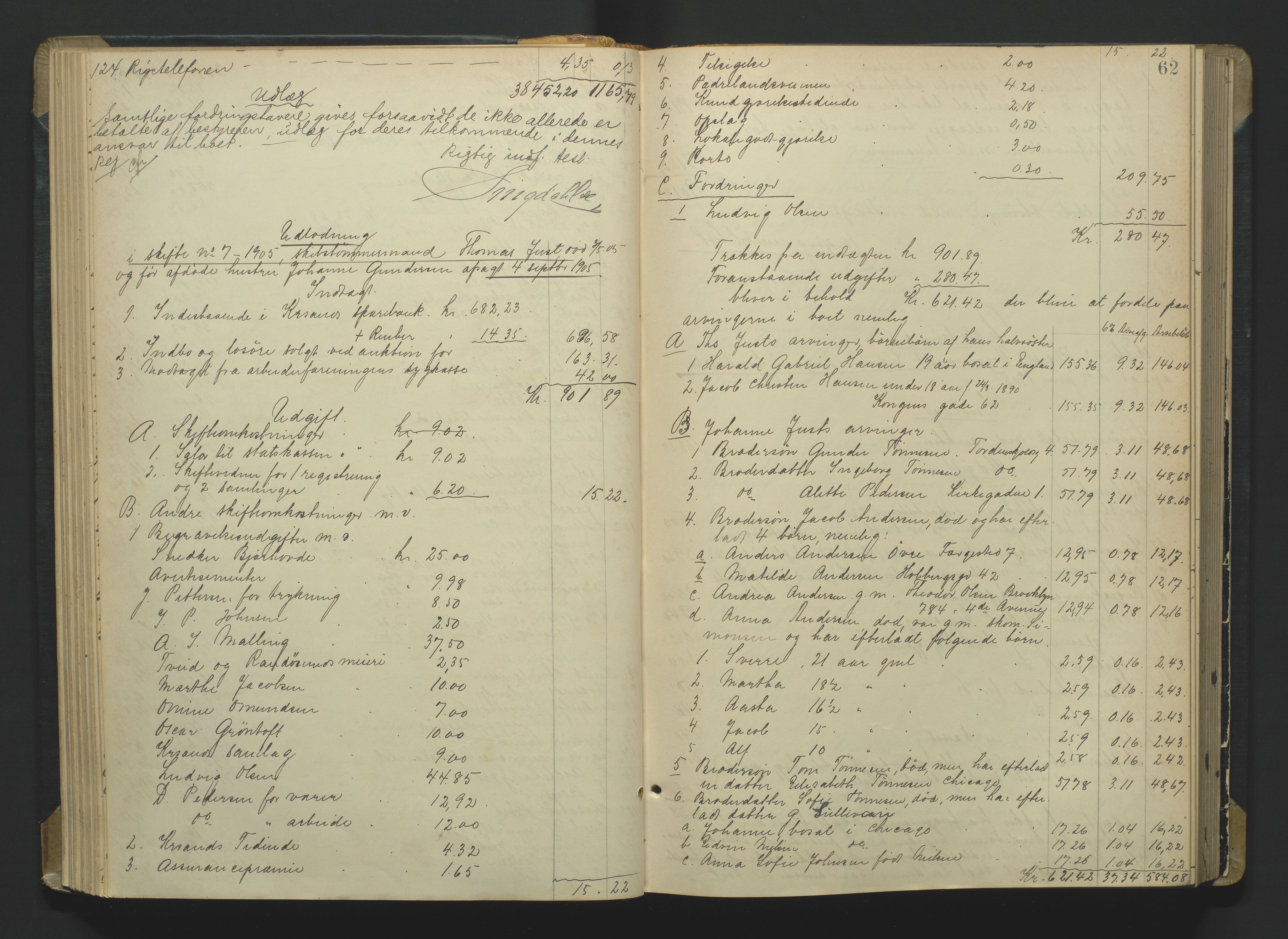 Kristiansand byrett, AV/SAK-1223-0001/H/Hc/L0060: Skifteutlodningsprotokoll nr. 6, med register, 1903-1916, p. 62