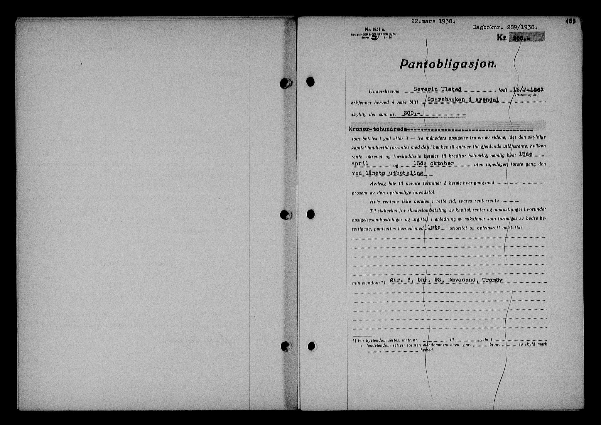 Nedenes sorenskriveri, AV/SAK-1221-0006/G/Gb/Gba/L0044: Mortgage book no. 40, 1937-1938, Diary no: : 289/1938