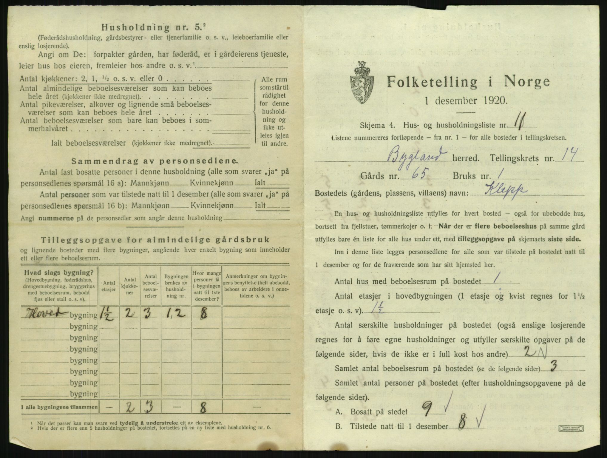 SAK, 1920 census for Bygland, 1920, p. 895