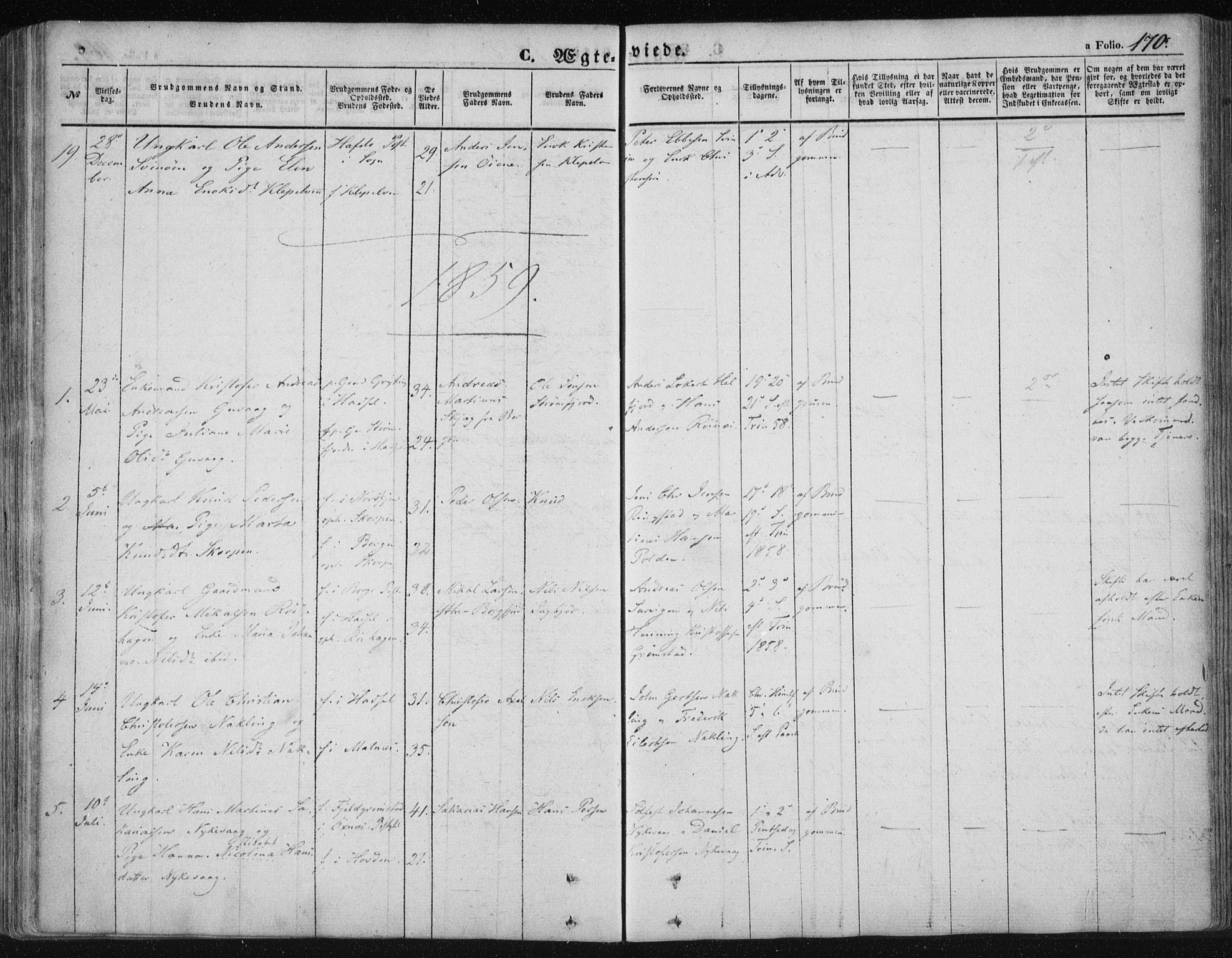 Ministerialprotokoller, klokkerbøker og fødselsregistre - Nordland, SAT/A-1459/891/L1300: Parish register (official) no. 891A05, 1856-1870, p. 170