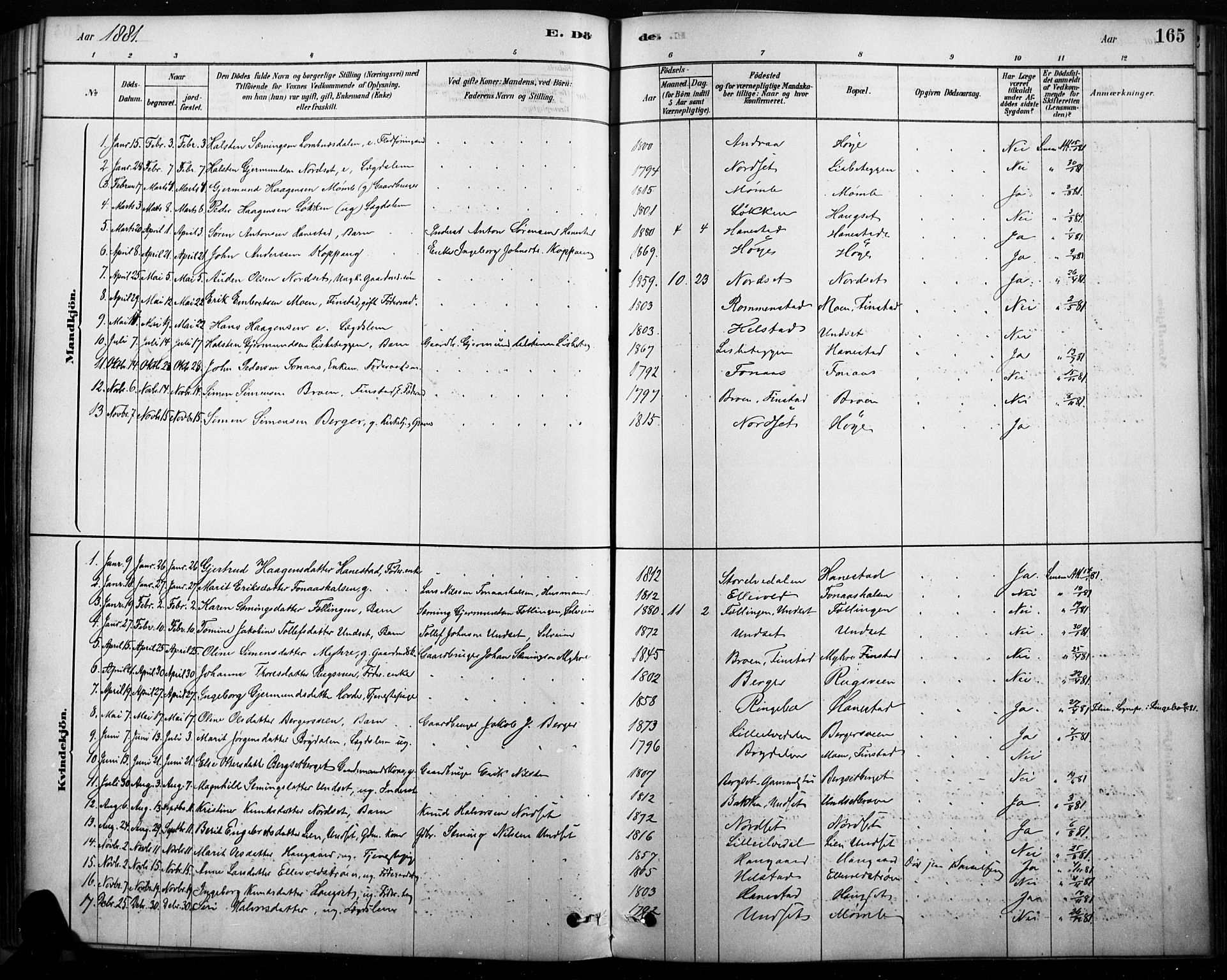 Rendalen prestekontor, AV/SAH-PREST-054/H/Ha/Haa/L0009: Parish register (official) no. 9, 1878-1901, p. 165