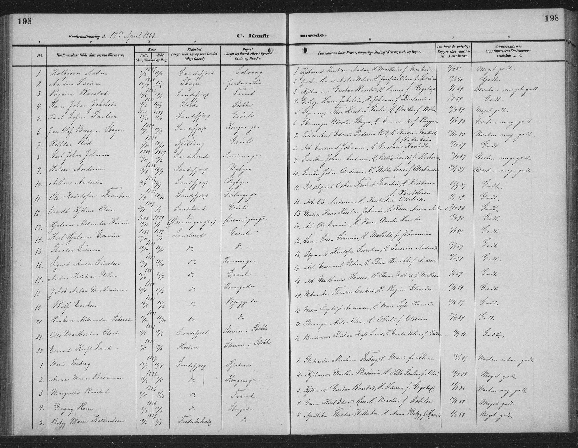Sandefjord kirkebøker, AV/SAKO-A-315/G/Ga/L0003: Parish register (copy) no. 3, 1903-1920, p. 198