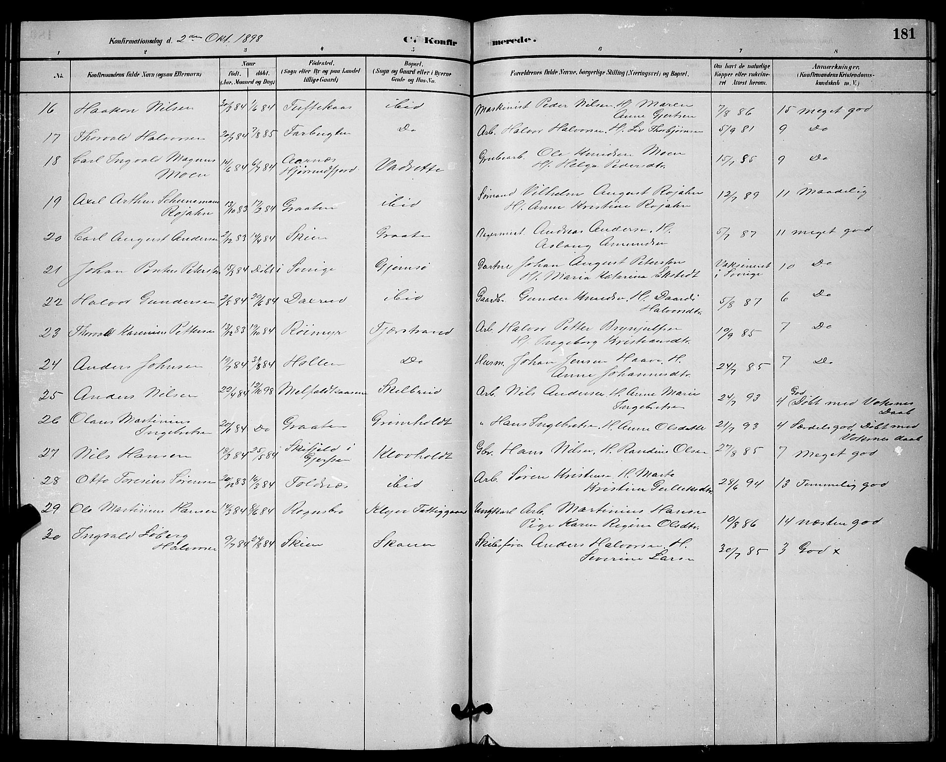 Solum kirkebøker, AV/SAKO-A-306/G/Ga/L0007: Parish register (copy) no. I 7, 1884-1898, p. 181