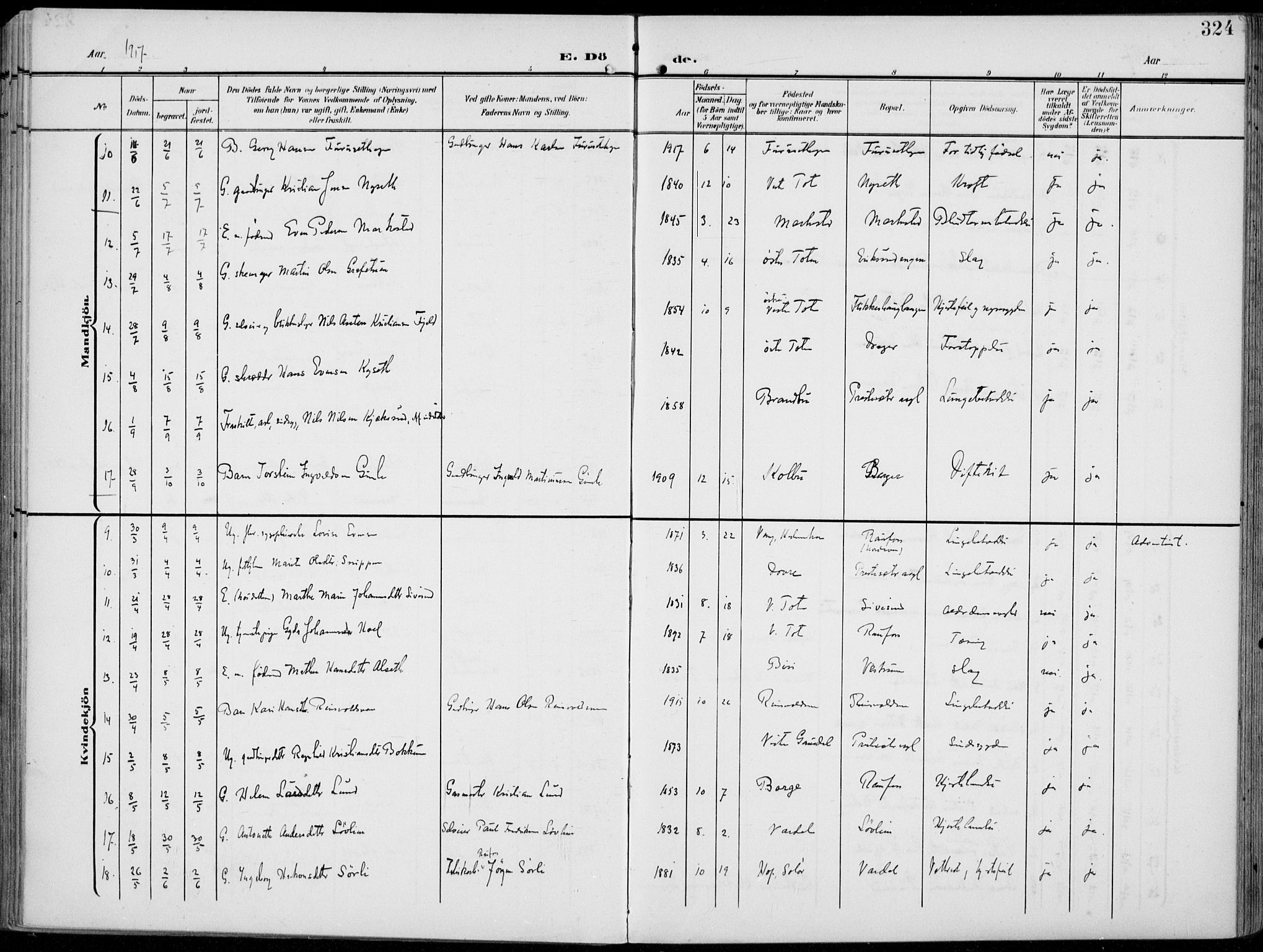 Vestre Toten prestekontor, AV/SAH-PREST-108/H/Ha/Haa/L0014: Parish register (official) no. 14, 1907-1920, p. 324