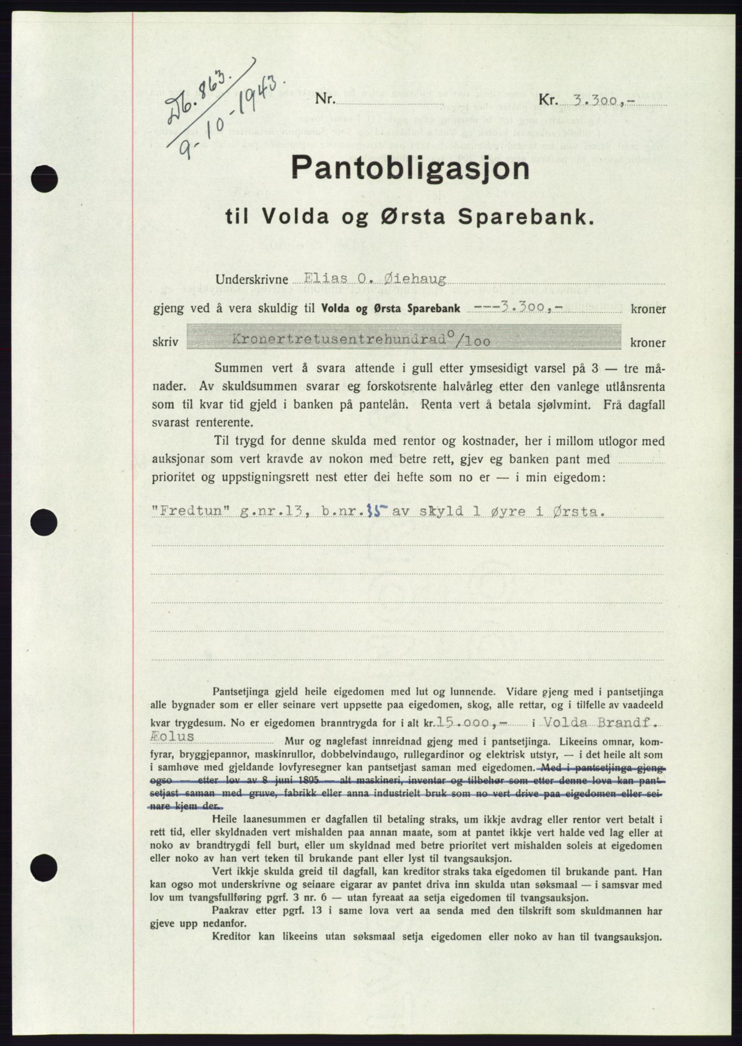 Søre Sunnmøre sorenskriveri, AV/SAT-A-4122/1/2/2C/L0114: Mortgage book no. 1-2B, 1943-1947, Diary no: : 863/1943