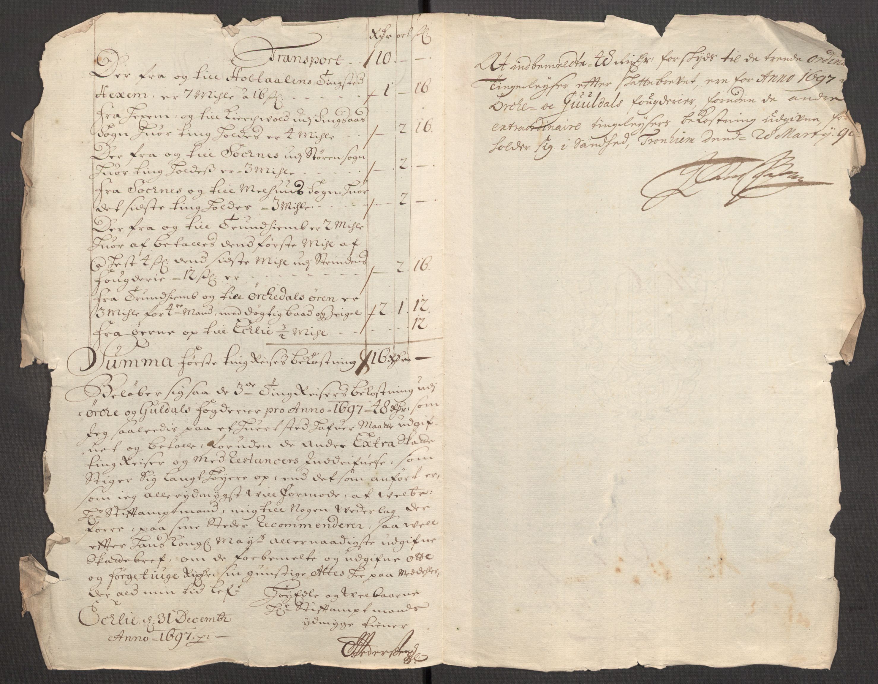 Rentekammeret inntil 1814, Reviderte regnskaper, Fogderegnskap, AV/RA-EA-4092/R60/L3947: Fogderegnskap Orkdal og Gauldal, 1697, p. 437