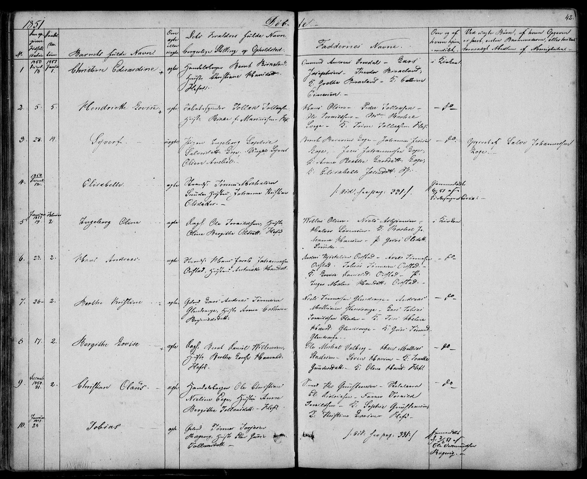 Flekkefjord sokneprestkontor, SAK/1111-0012/F/Fb/Fbc/L0005: Parish register (copy) no. B 5, 1846-1866, p. 42