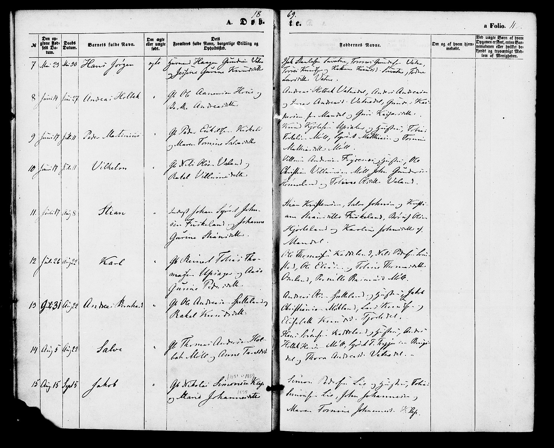 Holum sokneprestkontor, AV/SAK-1111-0022/F/Fa/Faa/L0006: Parish register (official) no. A 6, 1865-1883, p. 11