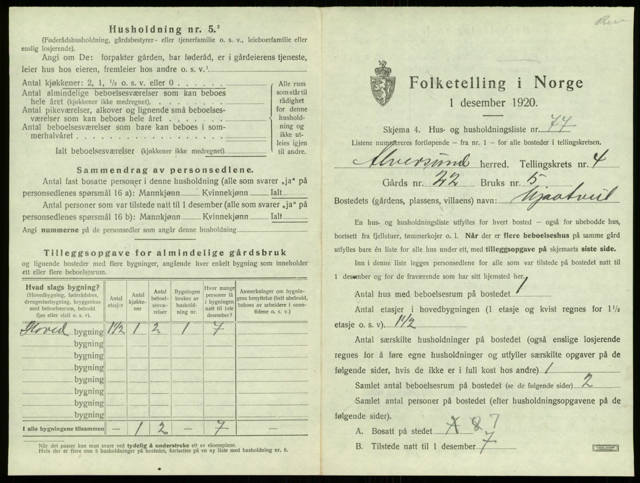 SAB, 1920 census for Alversund, 1920, p. 429