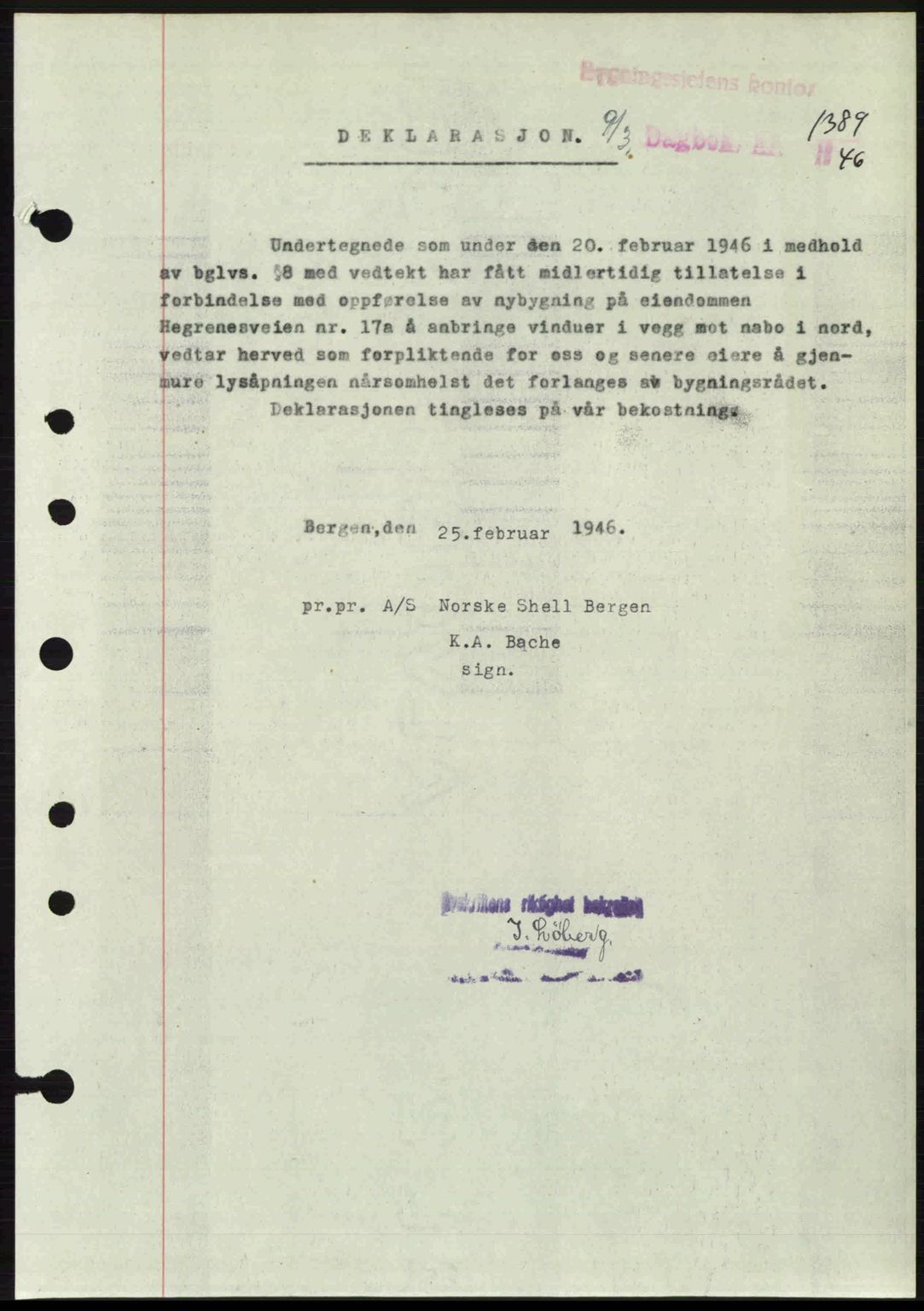Byfogd og Byskriver i Bergen, SAB/A-3401/03/03Bc/L0022: Mortgage book no. A18, 1946-1946, Diary no: : 1389/1946