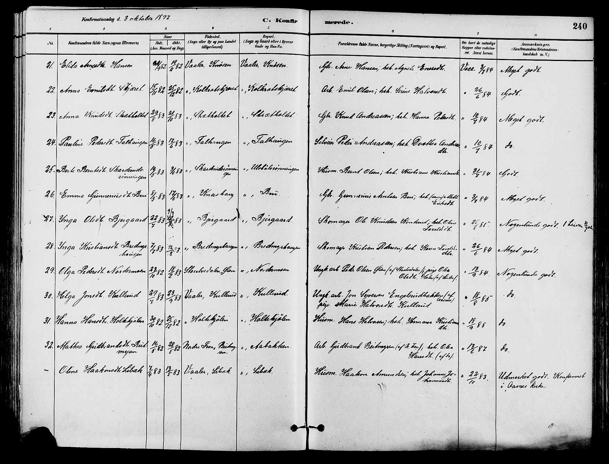 Våler prestekontor, Hedmark, AV/SAH-PREST-040/H/Ha/Haa/L0002: Parish register (official) no. 3, 1879-1911, p. 240