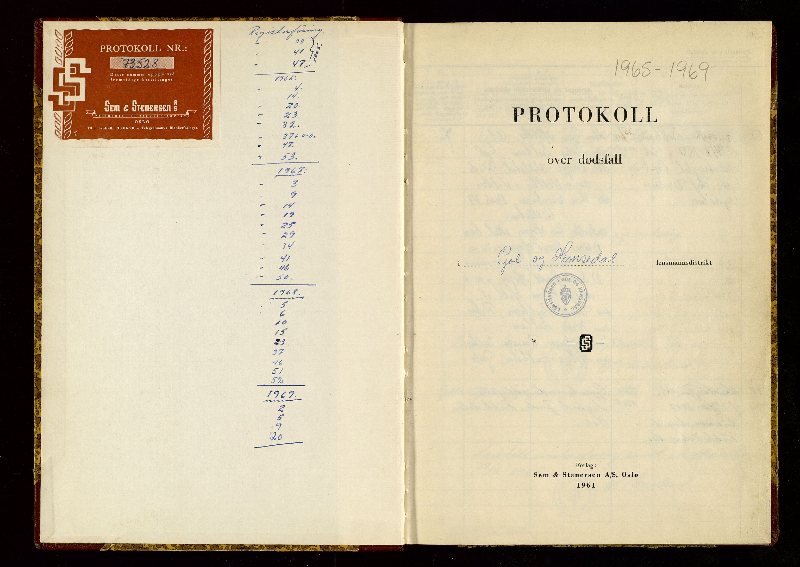 Gol og Hemsedal lensmannskontor, AV/SAKO-A-510/H/Ha/L0006: Dødsfallsprotokoll, 1965-1969