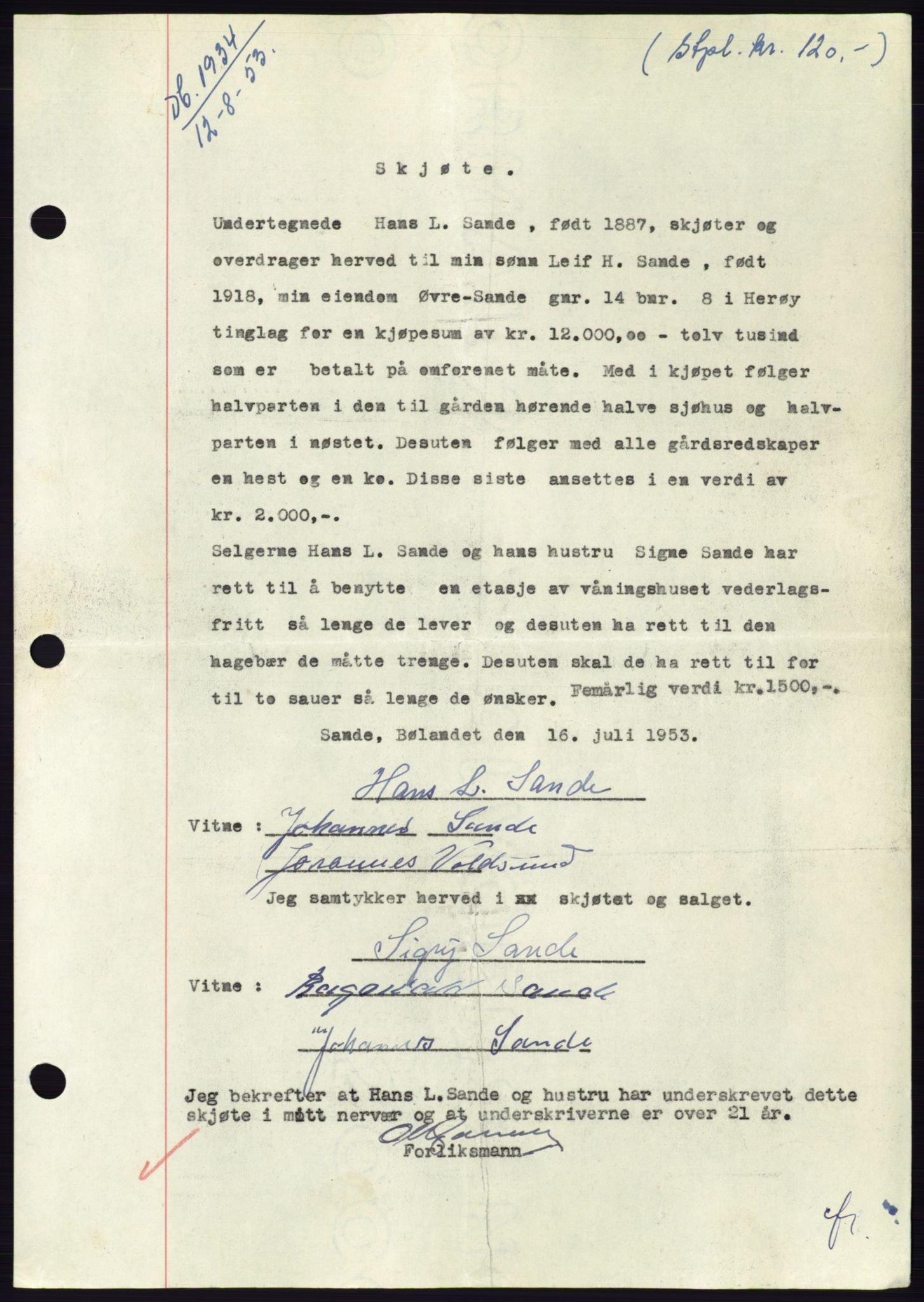 Søre Sunnmøre sorenskriveri, AV/SAT-A-4122/1/2/2C/L0095: Mortgage book no. 21A, 1953-1953, Diary no: : 1934/1953