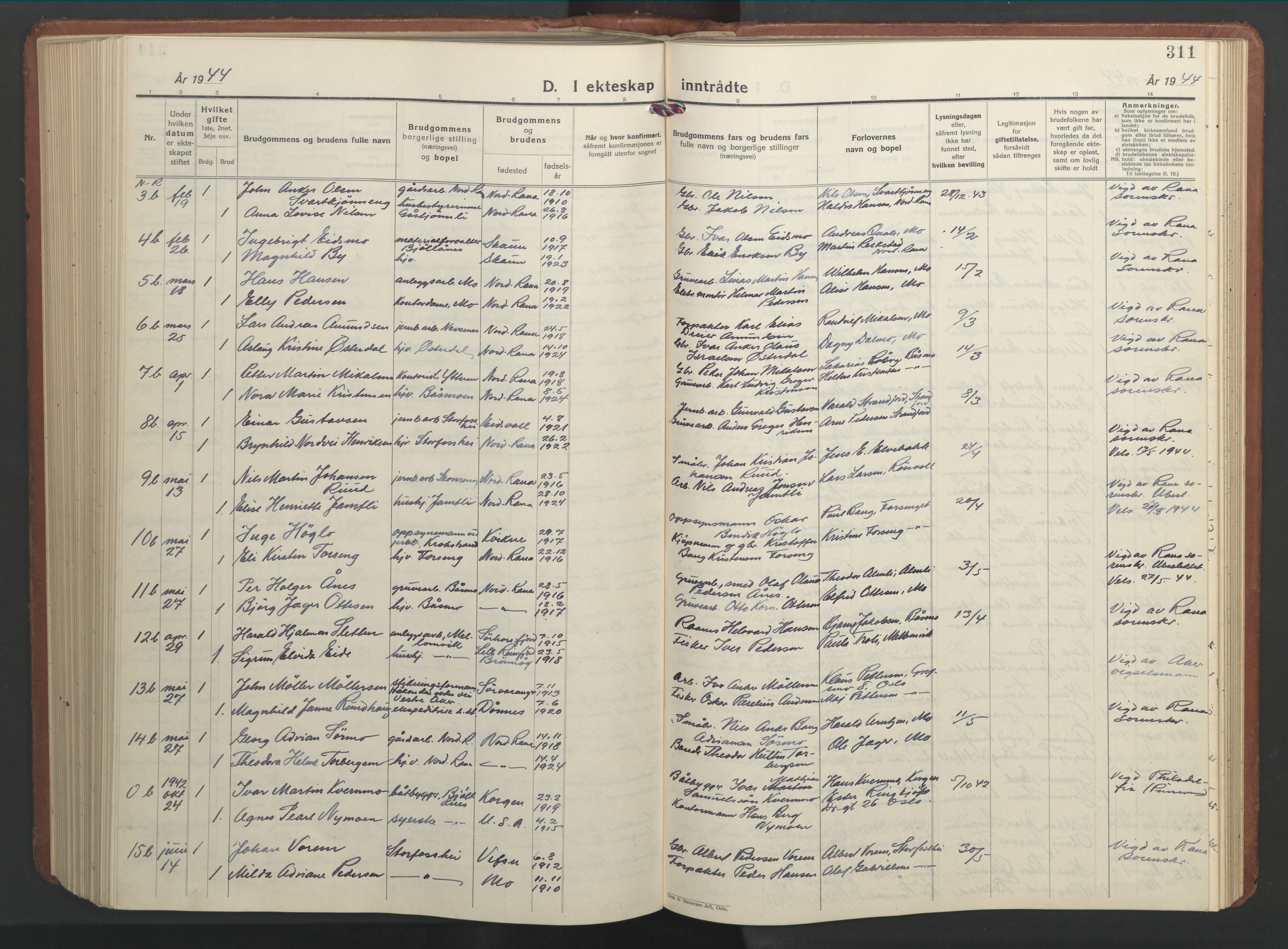 Ministerialprotokoller, klokkerbøker og fødselsregistre - Nordland, AV/SAT-A-1459/827/L0425: Parish register (copy) no. 827C14, 1931-1946, p. 311