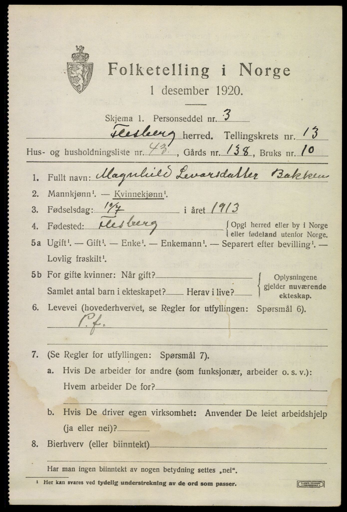 SAKO, 1920 census for Flesberg, 1920, p. 4495