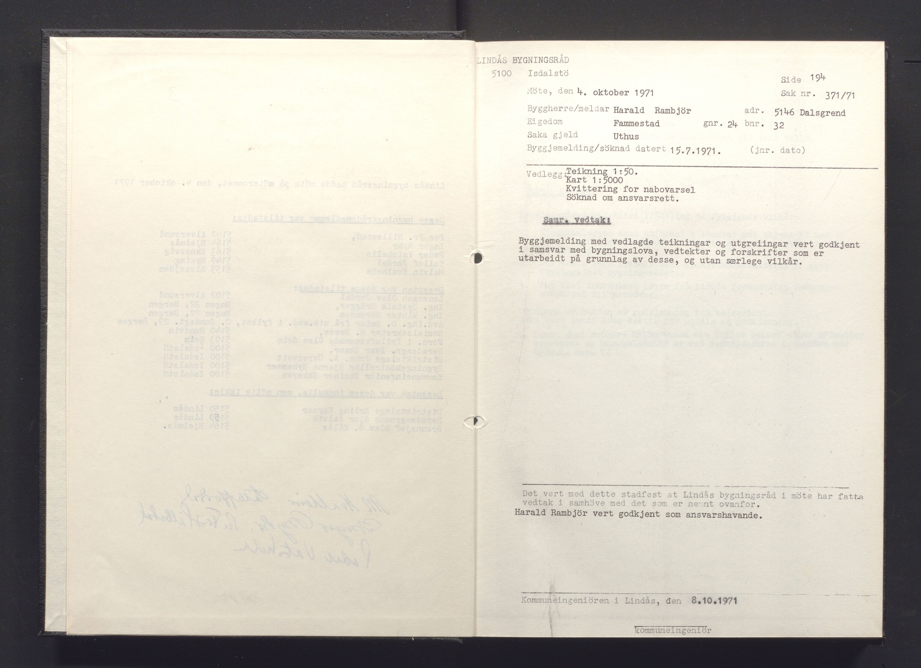 Lindås kommune. Bygningsrådet, IKAH/1263-511/A/Aa/L0008: Møtebok for Lindås bygningsråd, 1971