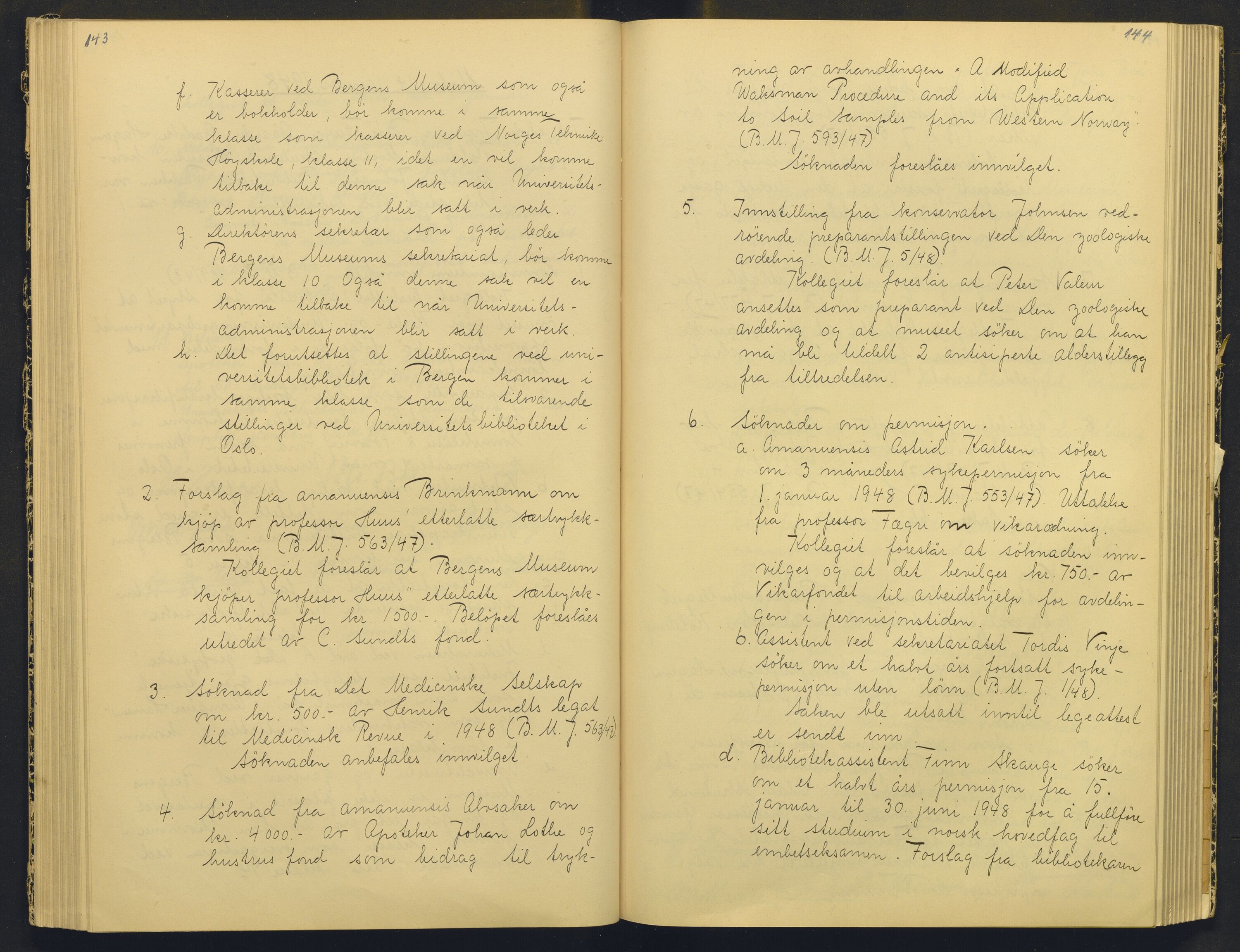 Bergens Museum, AV/SAB-A-17301/18/A/L0004: Professorkollegiets møtebok med register , 1945-1949, p. 143-144