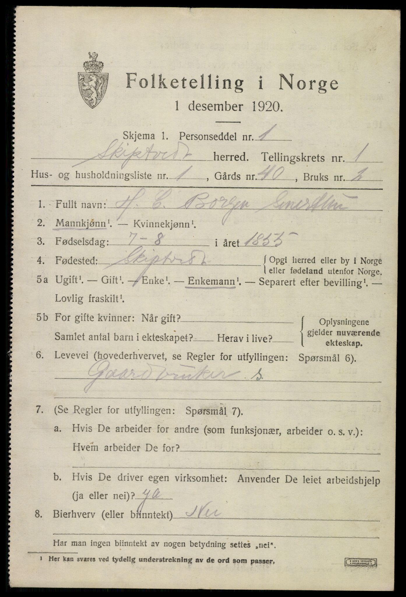 SAO, 1920 census for Skiptvet, 1920, p. 923