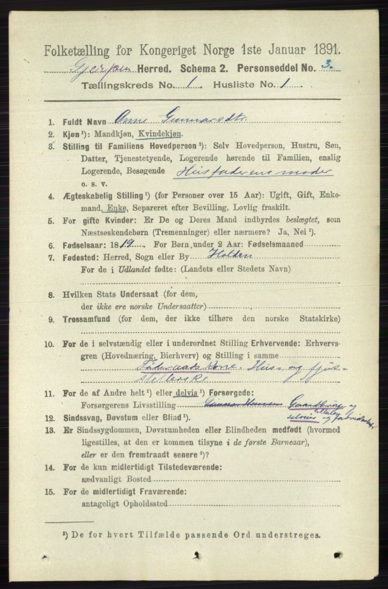 RA, 1891 census for 0812 Gjerpen, 1891, p. 108