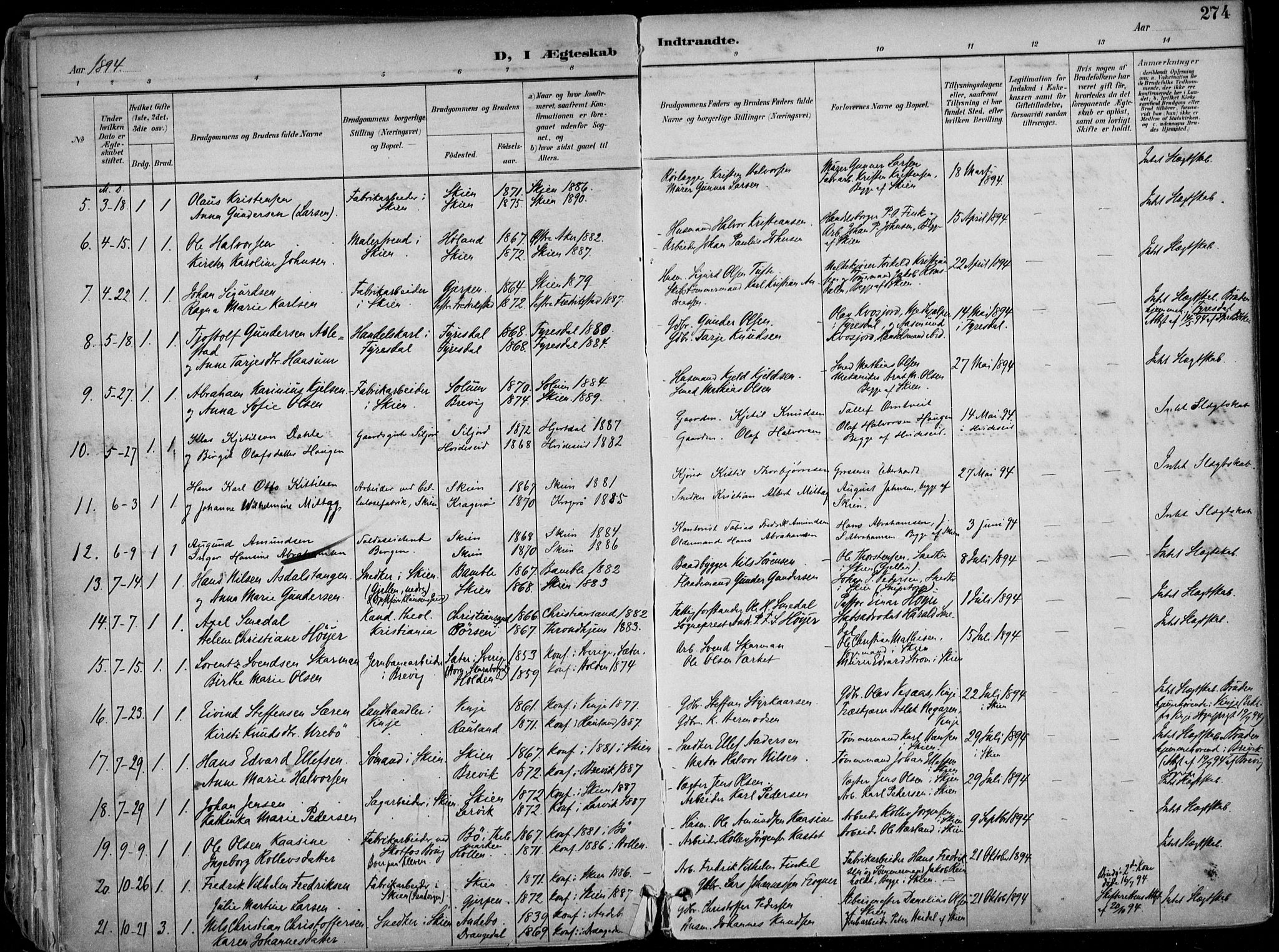 Skien kirkebøker, SAKO/A-302/F/Fa/L0010: Parish register (official) no. 10, 1891-1899, p. 274