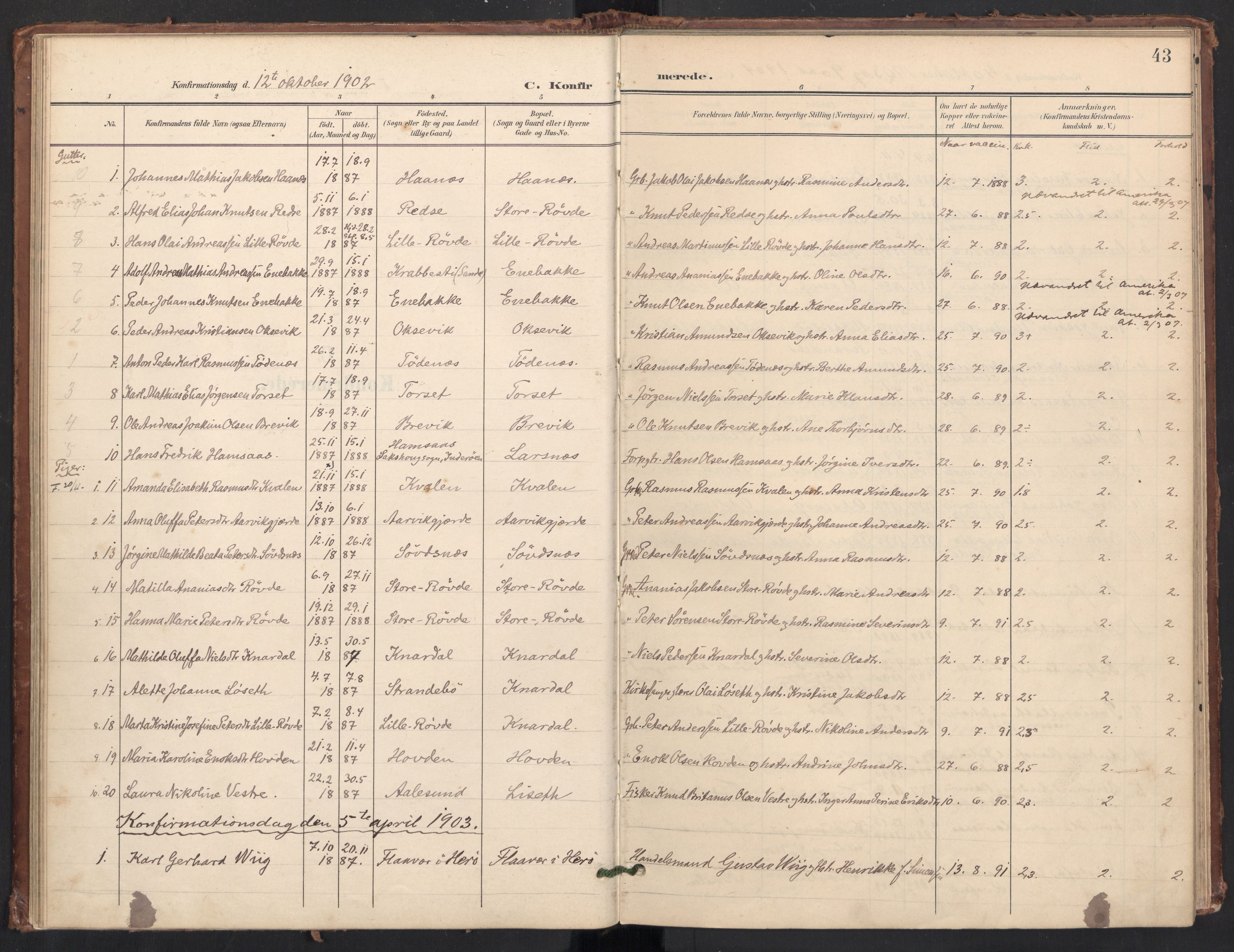 Ministerialprotokoller, klokkerbøker og fødselsregistre - Møre og Romsdal, SAT/A-1454/504/L0057: Parish register (official) no. 504A04, 1902-1919, p. 43