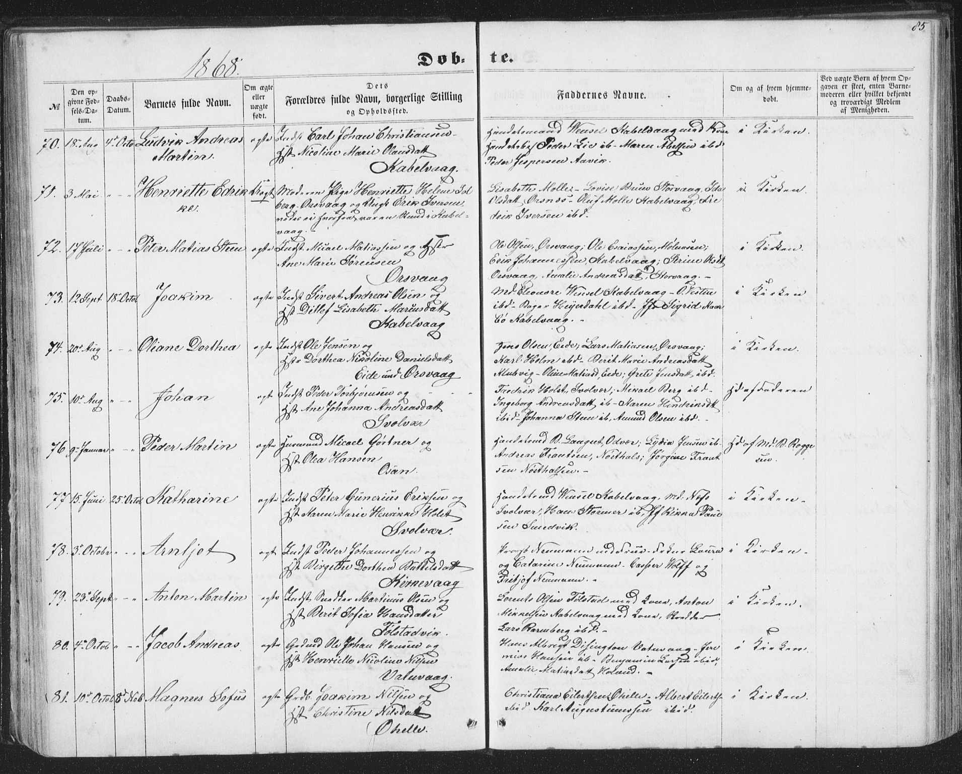 Ministerialprotokoller, klokkerbøker og fødselsregistre - Nordland, AV/SAT-A-1459/874/L1073: Parish register (copy) no. 874C02, 1860-1870, p. 85