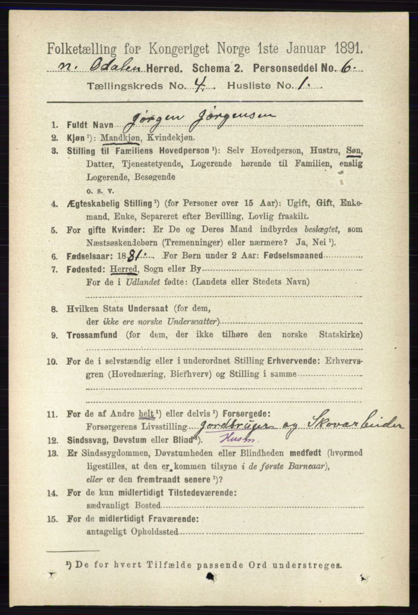 RA, 1891 census for 0418 Nord-Odal, 1891, p. 1267