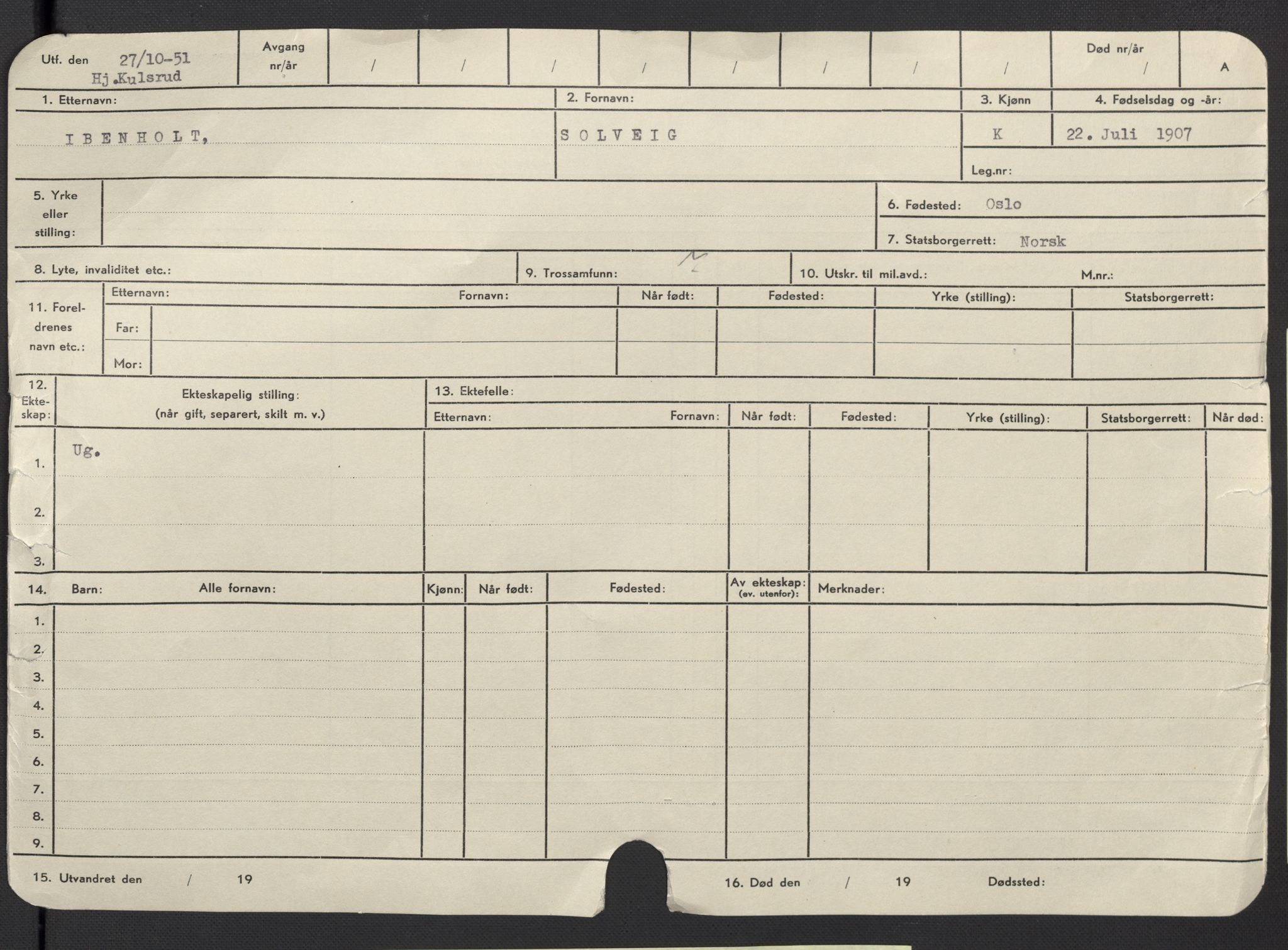 Oslo folkeregister, Registerkort, AV/SAO-A-11715/F/Fa/Fac/L0017: Kvinner, 1906-1914, p. 1a