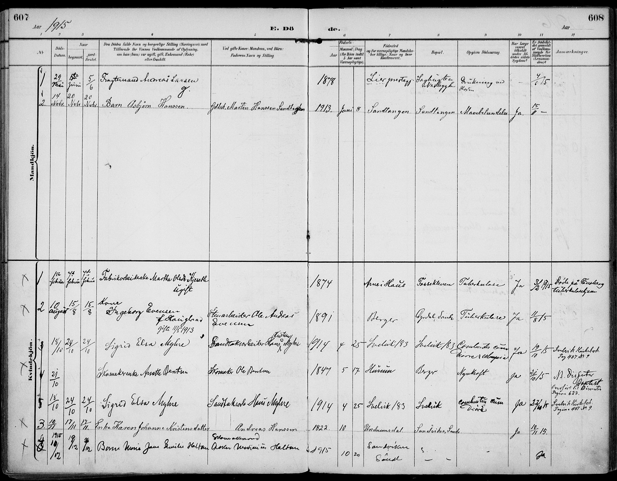 Strømm kirkebøker, SAKO/A-322/F/Fa/L0005: Parish register (official) no. I 5, 1898-1919, p. 607-608