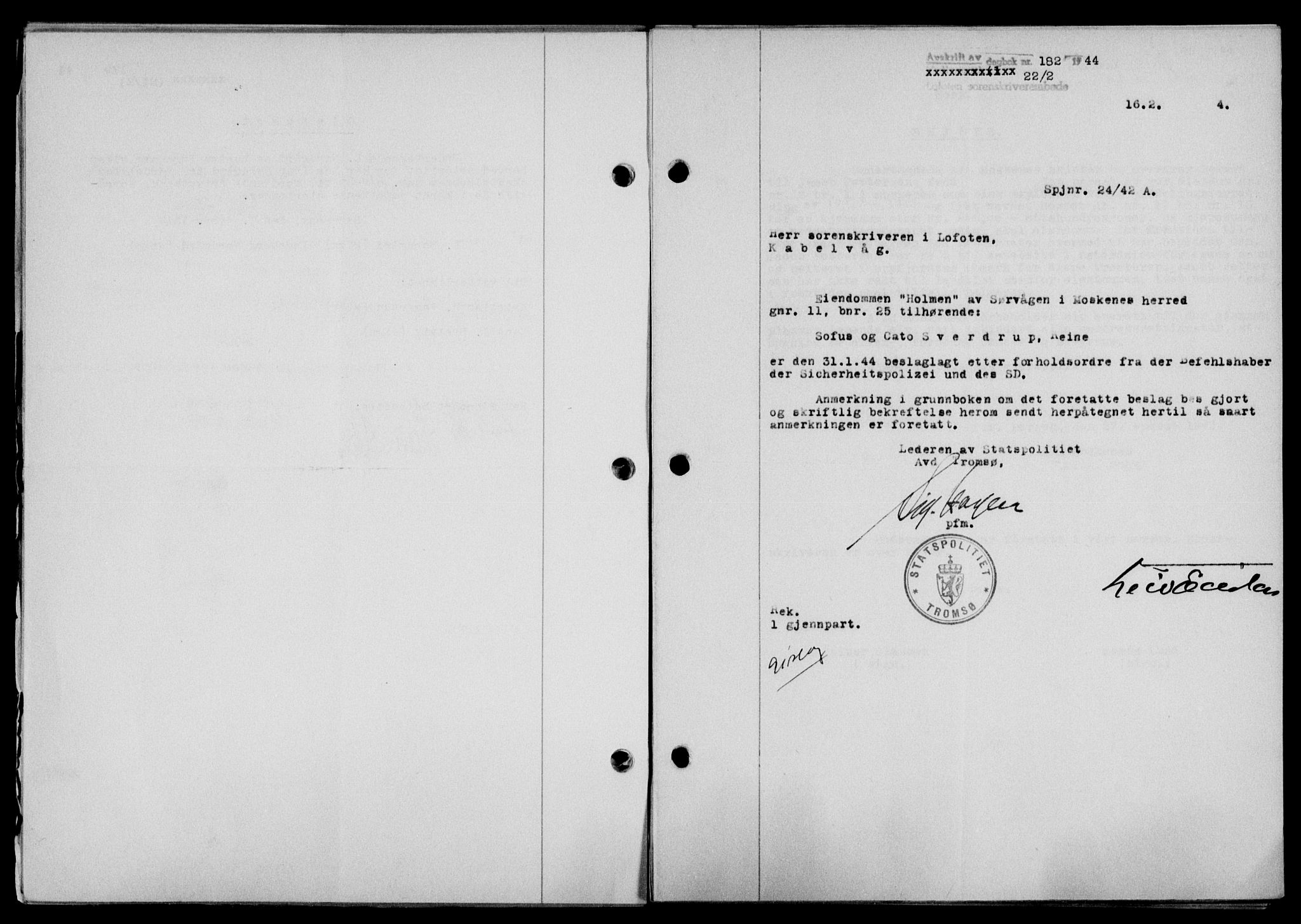 Lofoten sorenskriveri, SAT/A-0017/1/2/2C/L0012a: Mortgage book no. 12a, 1943-1944, Diary no: : 182/1944
