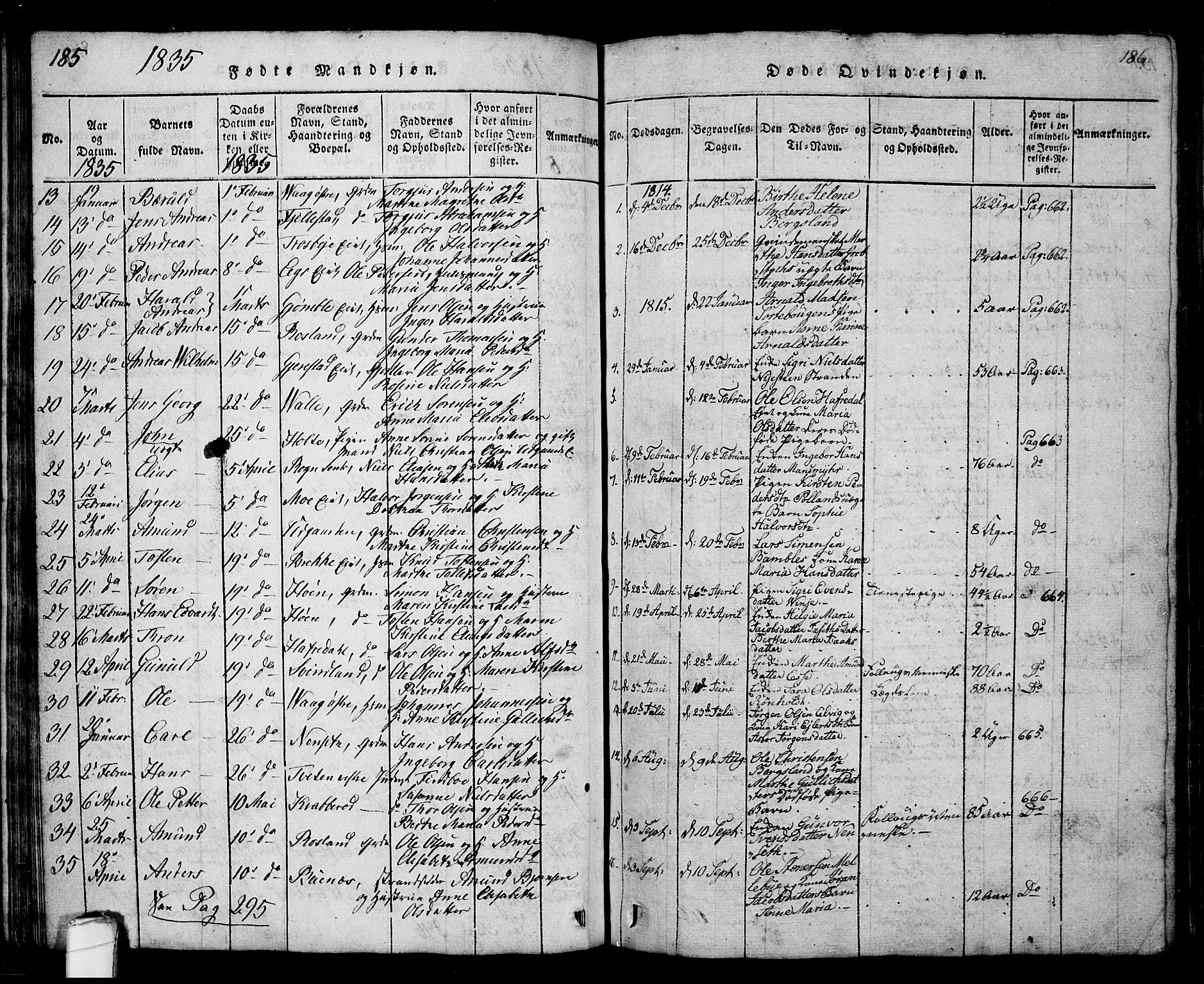 Bamble kirkebøker, SAKO/A-253/G/Ga/L0005: Parish register (copy) no. I 5, 1814-1855, p. 185-186