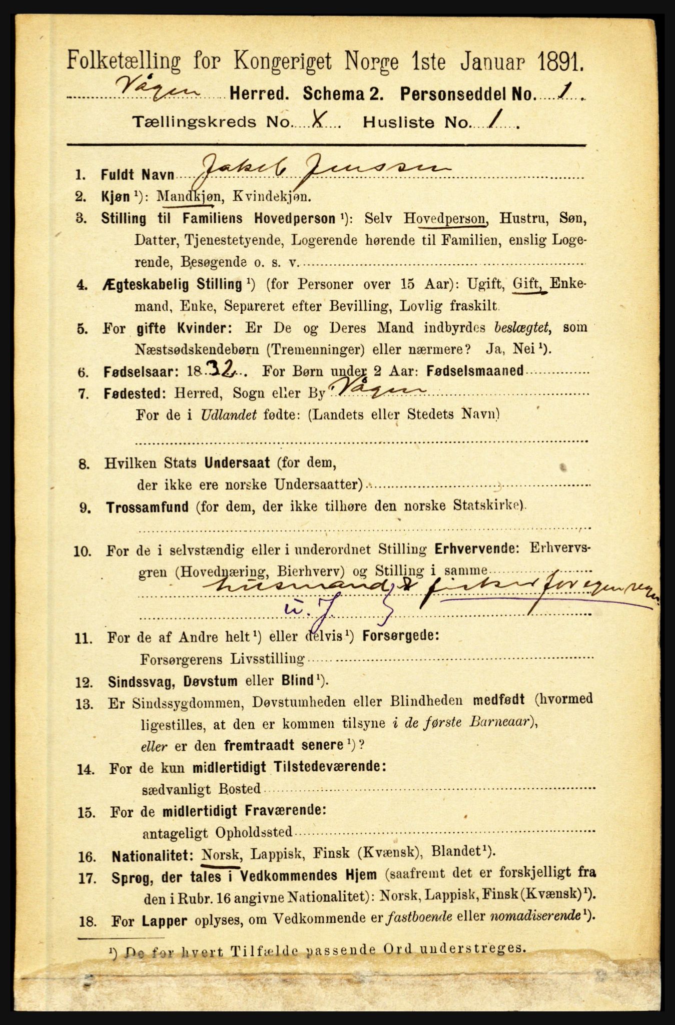 RA, 1891 census for 1865 Vågan, 1891, p. 2552