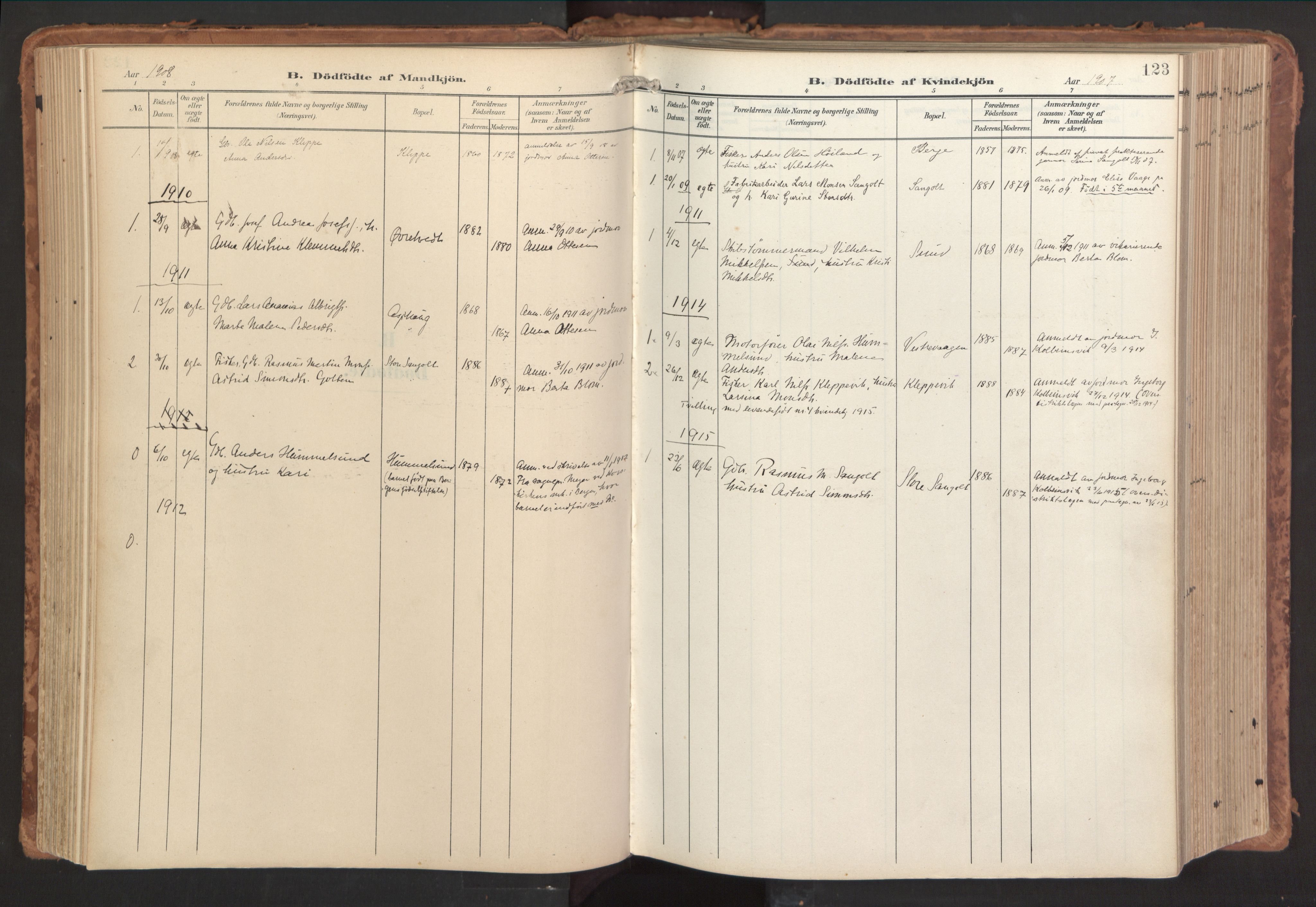 Sund sokneprestembete, SAB/A-99930: Parish register (official) no. B 2, 1907-1926, p. 123