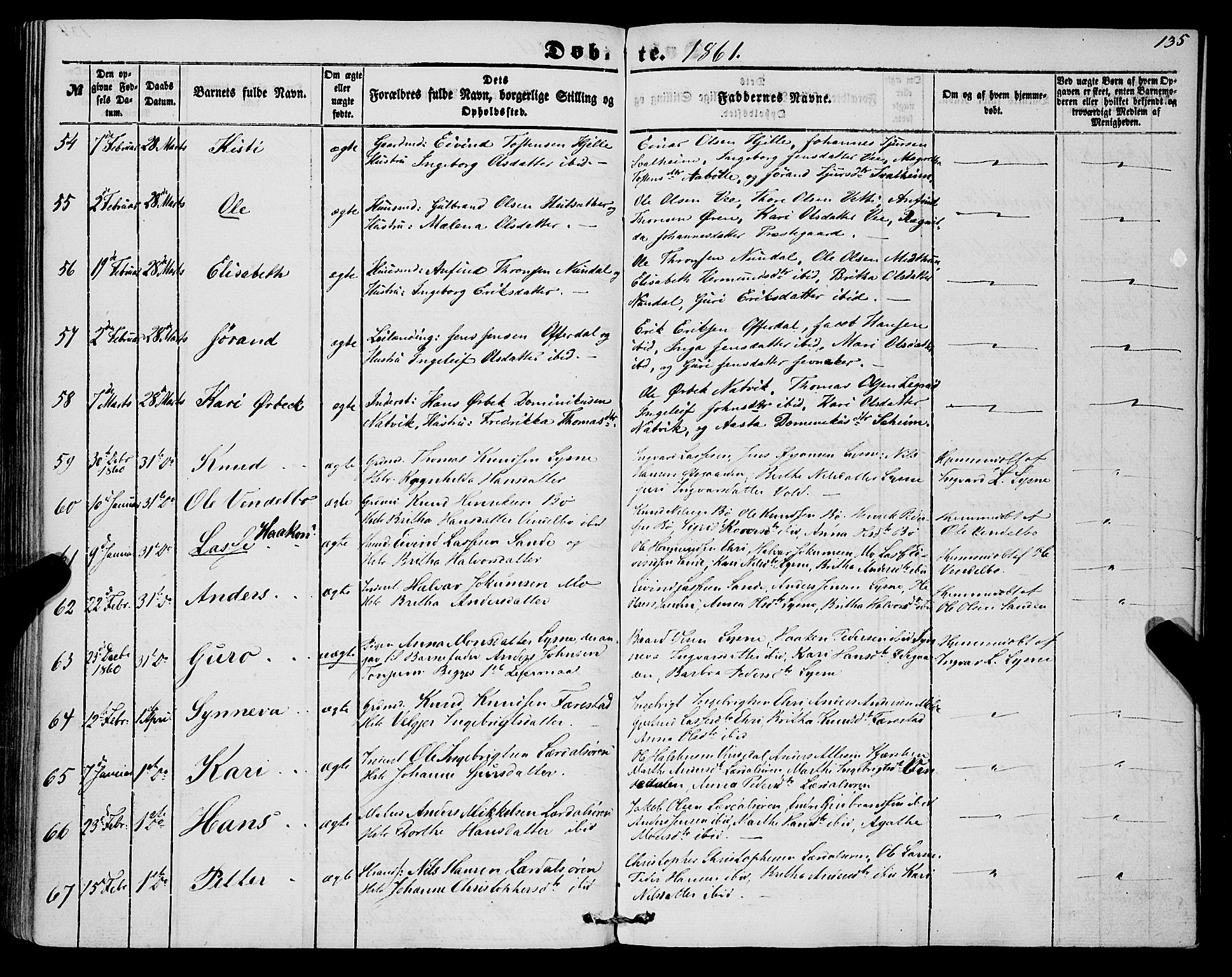 Lærdal sokneprestembete, SAB/A-81201: Parish register (official) no. A 11, 1850-1866, p. 135