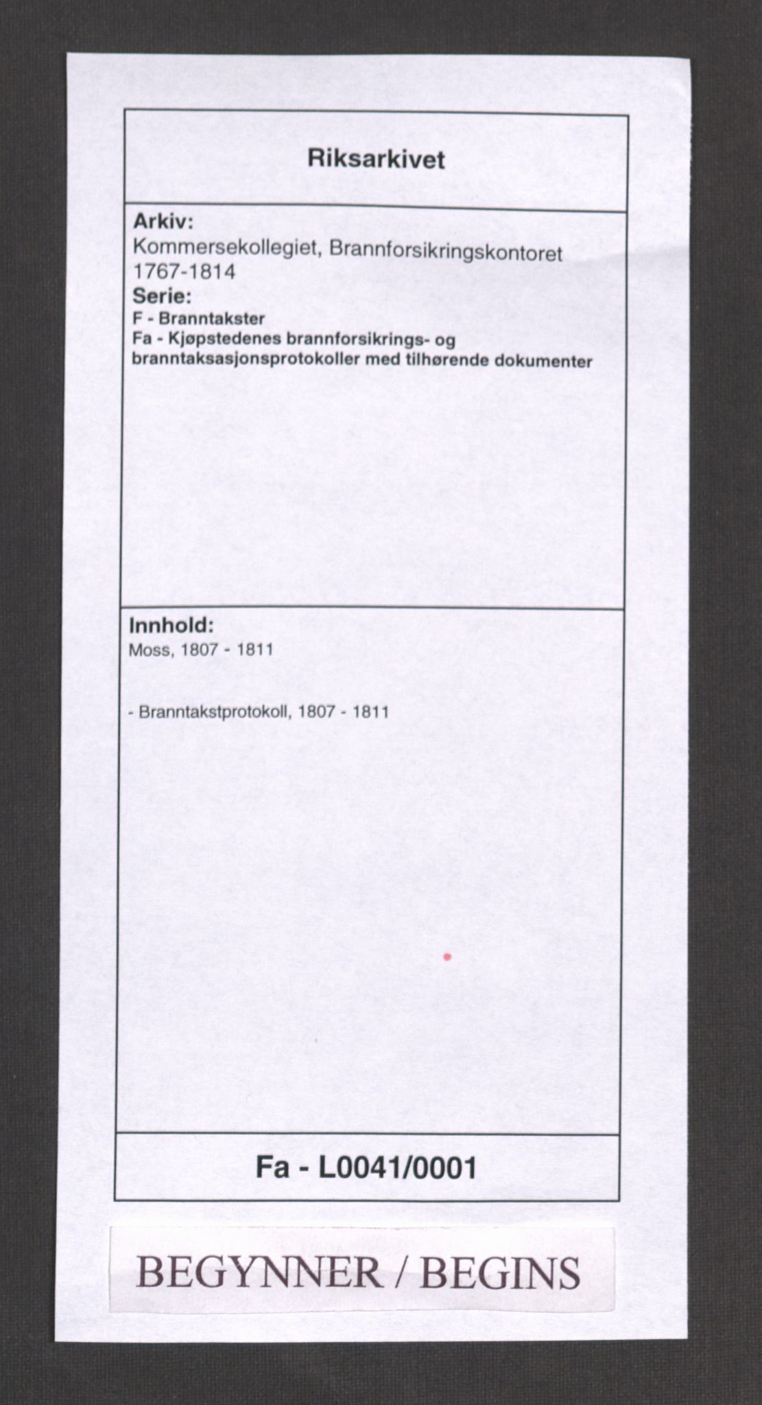 Kommersekollegiet, Brannforsikringskontoret 1767-1814, RA/EA-5458/F/Fa/L0041/0001: Moss / Branntakstprotokoll, 1807-1811