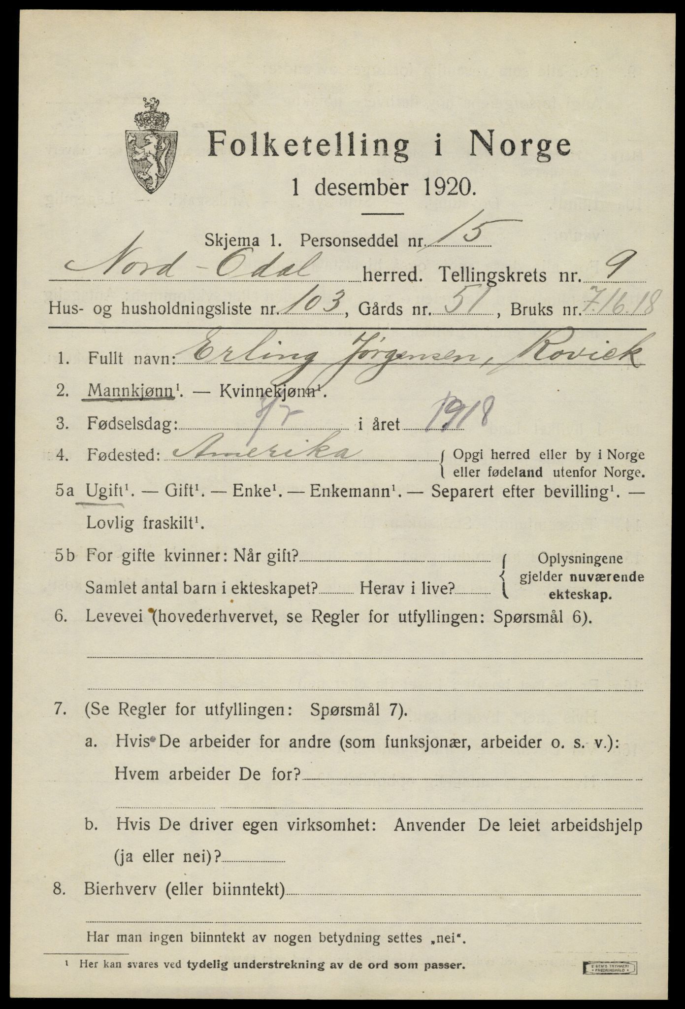 SAH, 1920 census for Nord-Odal, 1920, p. 10851