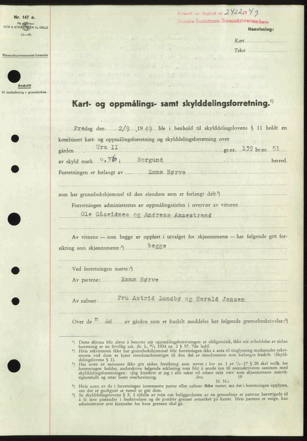 Nordre Sunnmøre sorenskriveri, AV/SAT-A-0006/1/2/2C/2Ca: Mortgage book no. A32, 1949-1949, Diary no: : 2422/1949