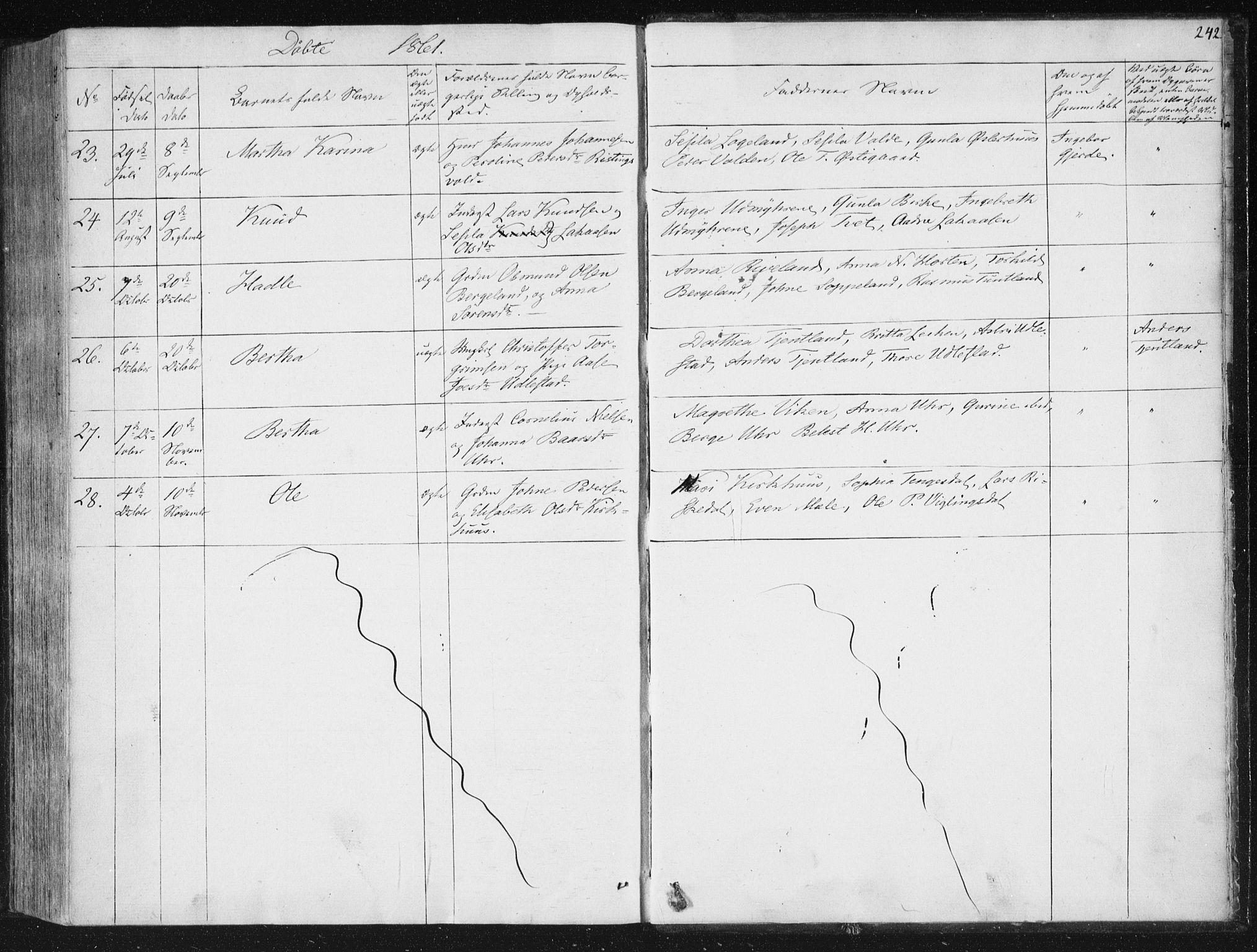 Hjelmeland sokneprestkontor, AV/SAST-A-101843/01/IV/L0008: Parish register (official) no. A 8, 1842-1861, p. 242