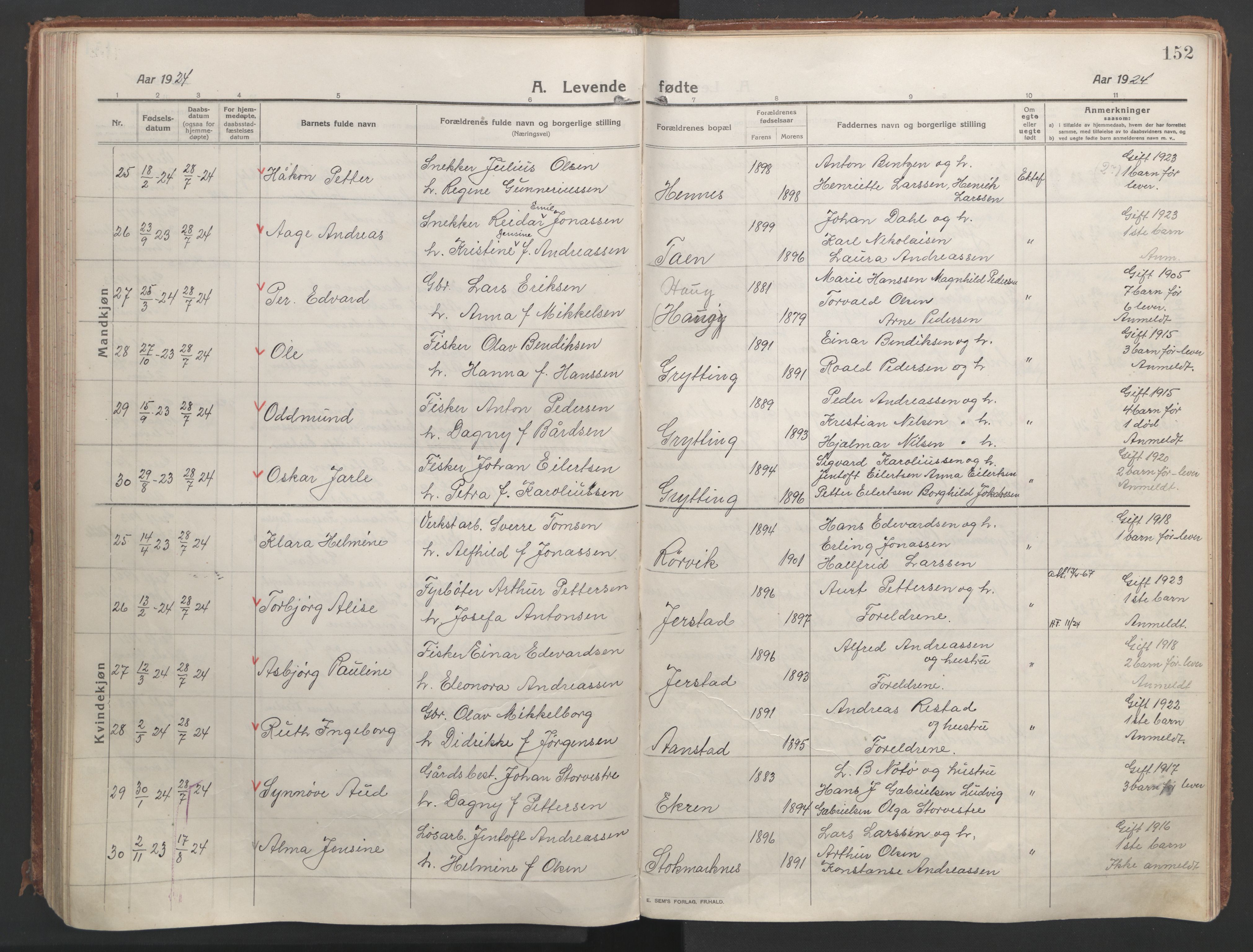 Ministerialprotokoller, klokkerbøker og fødselsregistre - Nordland, AV/SAT-A-1459/888/L1250: Parish register (official) no. 888A16, 1913-1925, p. 152