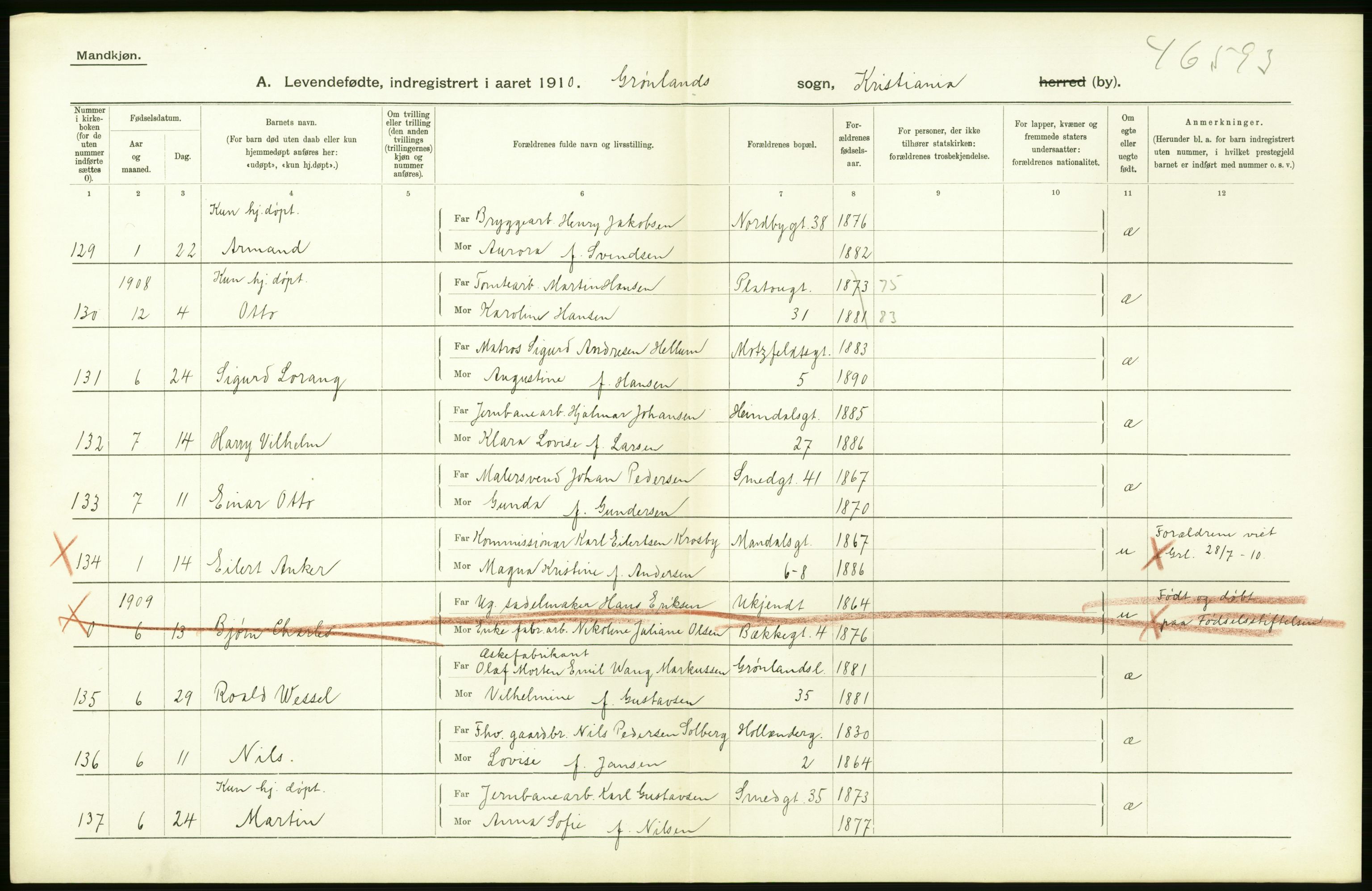 Statistisk sentralbyrå, Sosiodemografiske emner, Befolkning, RA/S-2228/D/Df/Dfa/Dfah/L0006: Kristiania: Levendefødte menn., 1910, p. 694