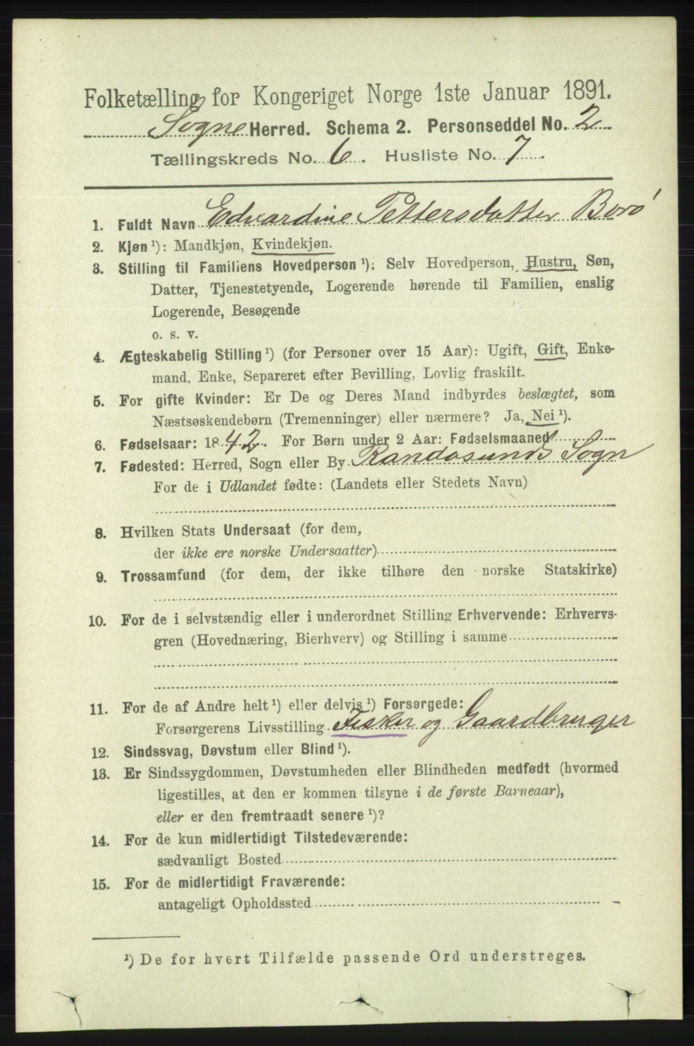 RA, 1891 census for 1018 Søgne, 1891, p. 1403