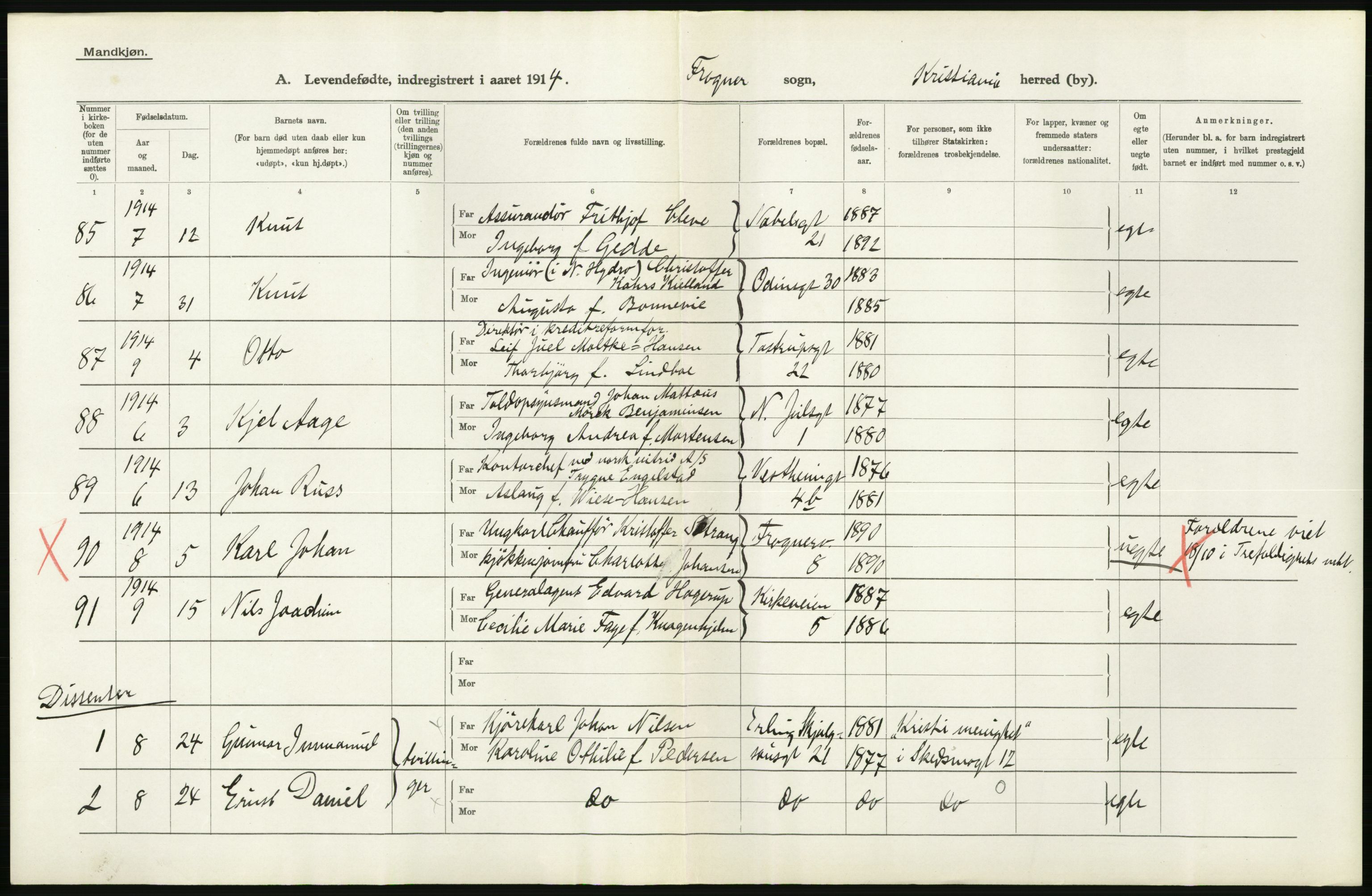 Statistisk sentralbyrå, Sosiodemografiske emner, Befolkning, AV/RA-S-2228/D/Df/Dfb/Dfbd/L0006: Kristiania: Levendefødte menn og kvinner., 1914, p. 158