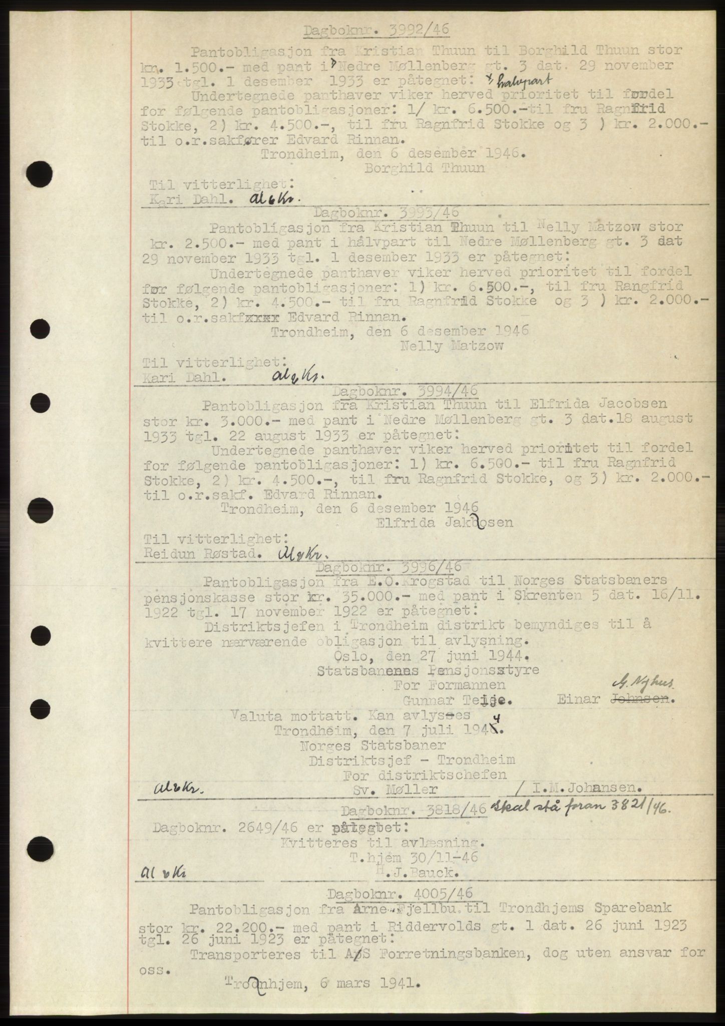 Trondheim byfogd, AV/SAT-A-0003/1/2/2C: Mortgage book no. C3b, 1946-1947, Diary no: : 3992/1946